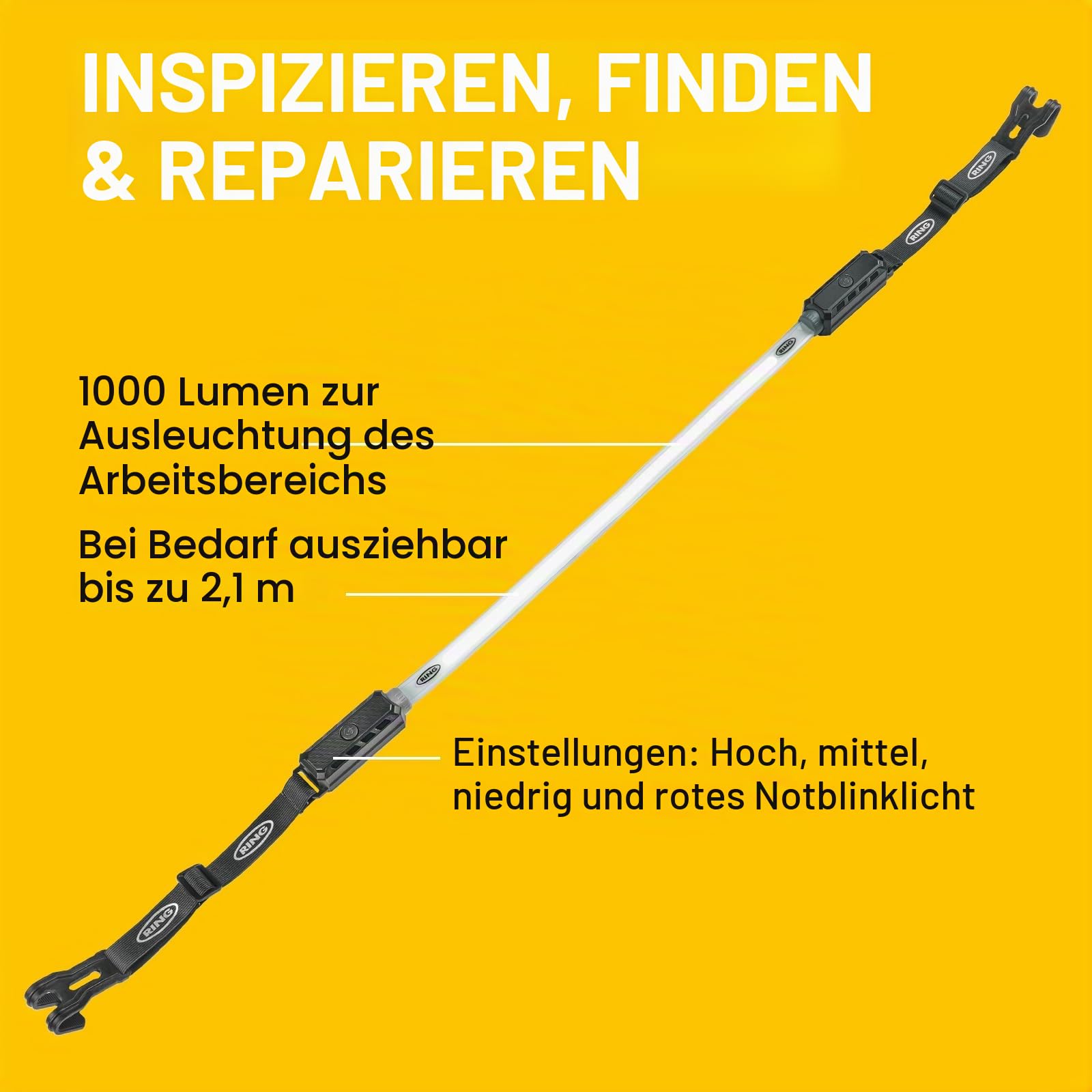 Ring Automotive RUBL1500 Wiederaufladbare 1000 Lumen Flexible Arbeitsleuchte unter der Motorhaube mit magnetischer Halterung, USB-C Laden, 3 Lichtmodi, Notfall-Blitzmodus, Schwarz