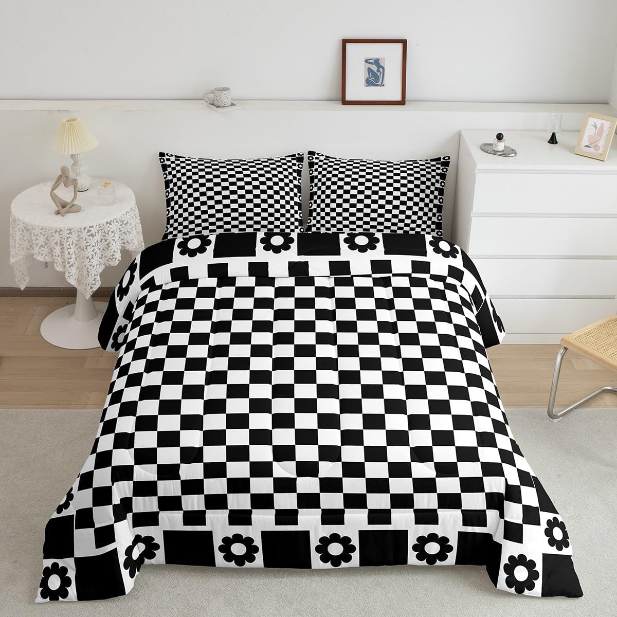 Black White Grid Comforter Set Twin Size, Geometric Lattice Checkerd Bedding Set 2pcs, Black Flower Plaid Down Comforter for All Season, Kids Boy Room Decor, Soft Polyester Quilt Set, 1 Pillowcase