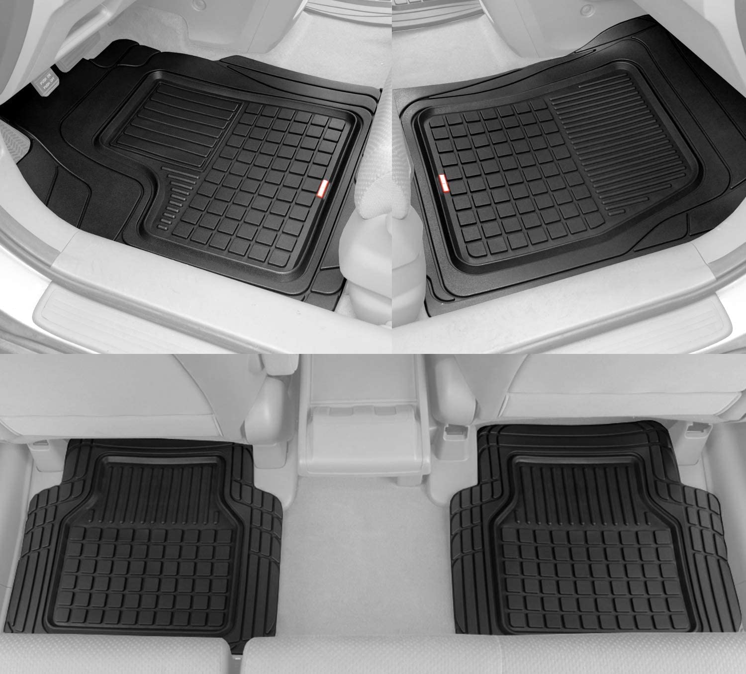 BDK Performance Plus 4-Piece Front & Rear Rubber Car Floor Mats for Cars SUVs Trucks Vans, All-Weather Front Rear Heavy Duty Semi Custom Fit Trimmable Trim-to-Fit Deep Dish Protection Non-Slip