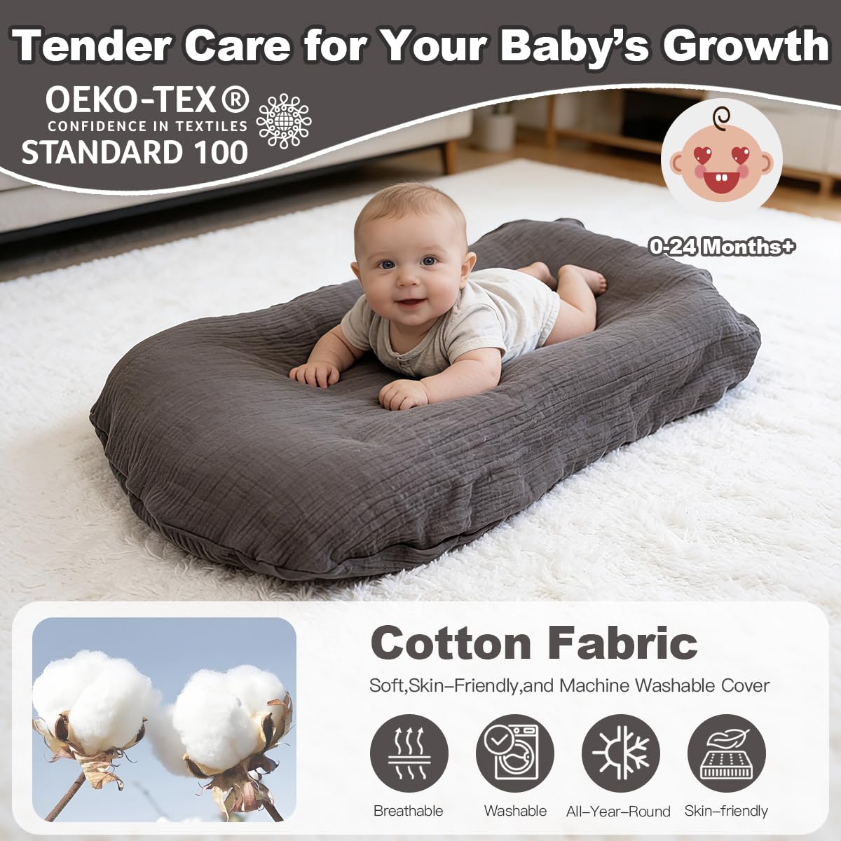 Baby Lounger - Snuggle Cozy Me Infant Lounger for Newborns | Breathable & Soft, Portable Awake-Time Pad, Essential Baby Gift (Lounger Cover Included) - Image 7