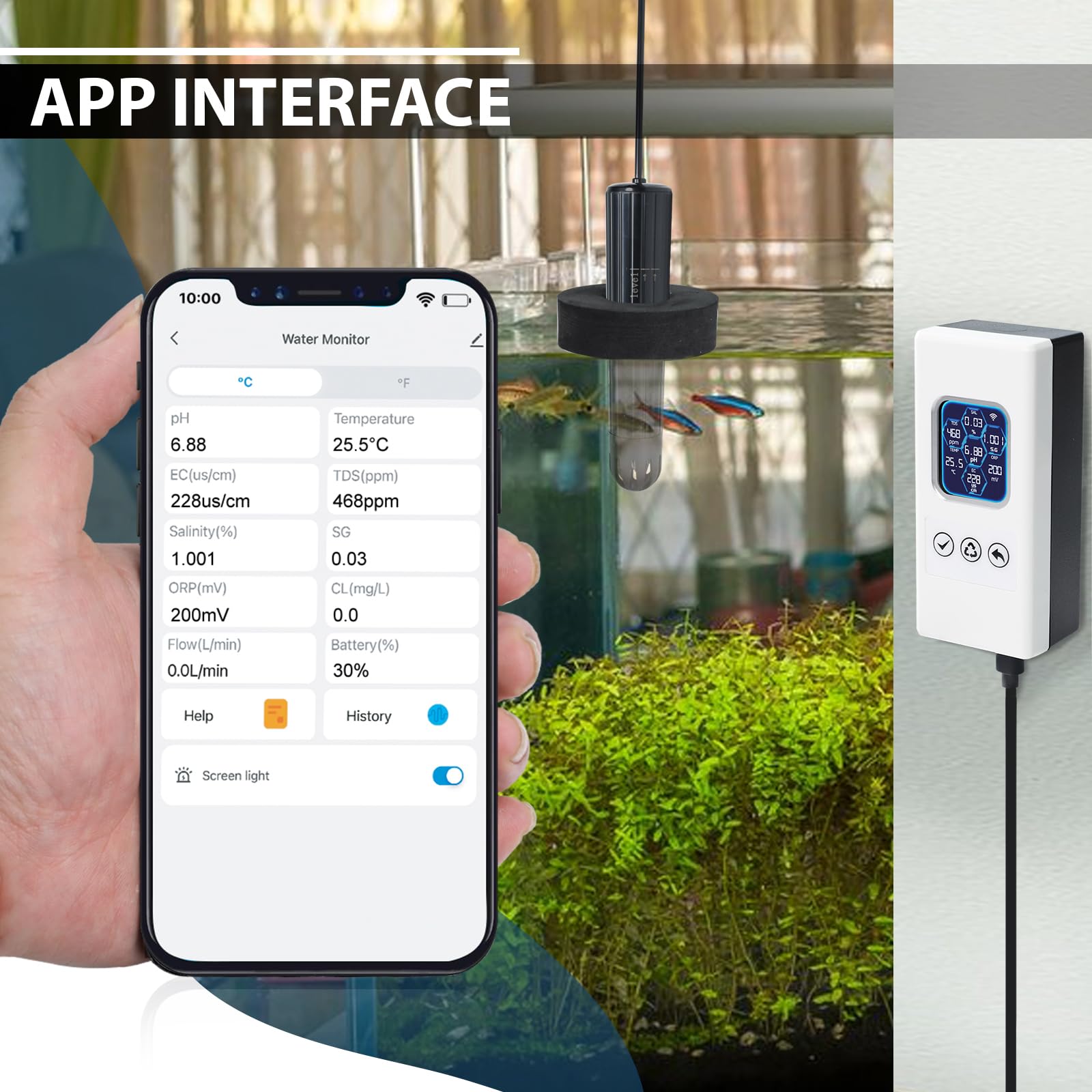 Smarter Wasserqualitätstest Wireless WiFi Multi-Parameter Wasserqualitätsmesser für pH/ORP/TDS/EC/Salinität/SG/Temp Überwachung Echtzeit-Warnungen mit App-Verbindung für Aquarium, Salzwasser Nano