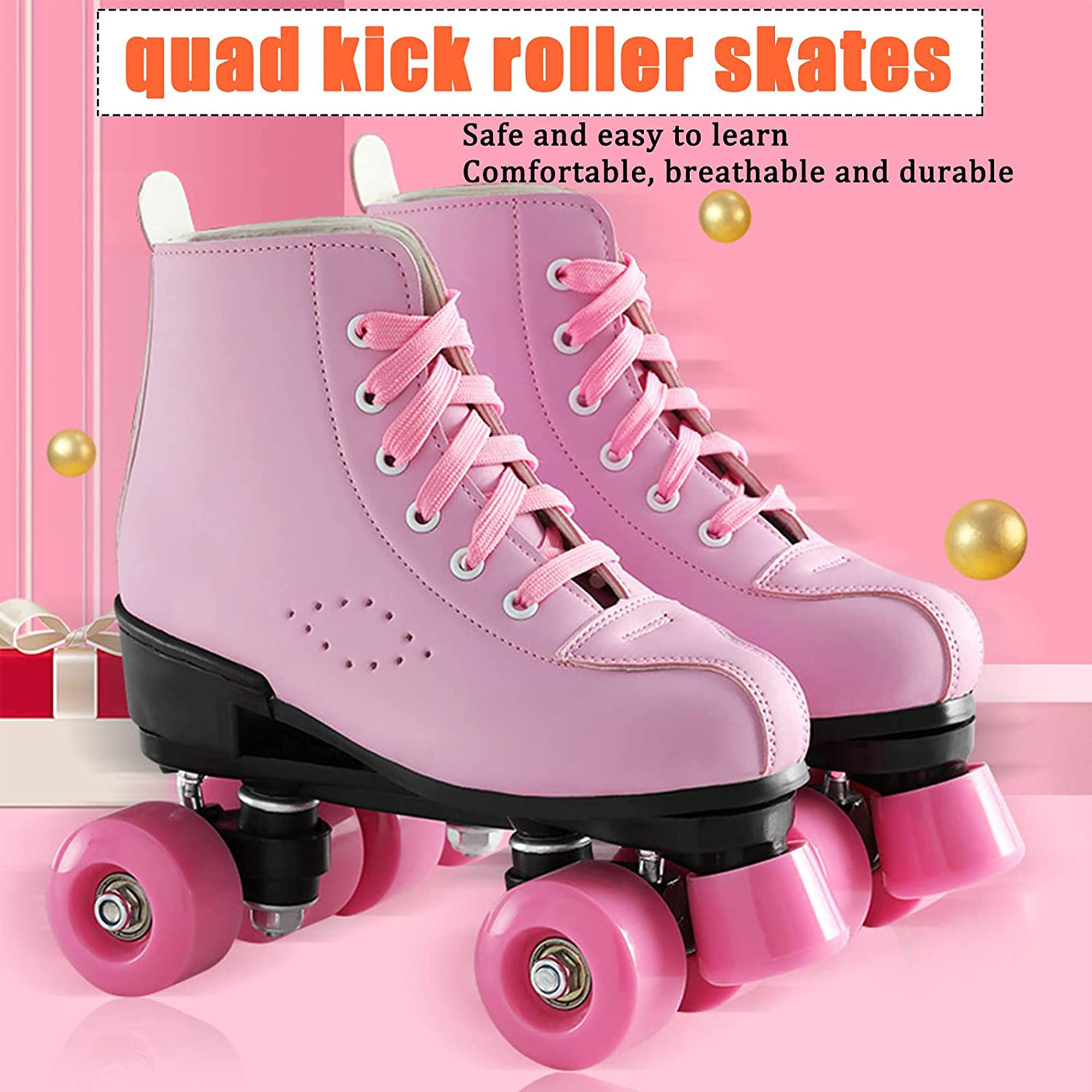 Pink Roller Skates Women Quad Kick Roller Skates, PU Leather Vamp, PU Wheels, Double Row 4 Roller Skates Shoes for Adult Women Girls (Women13/Men11.5)