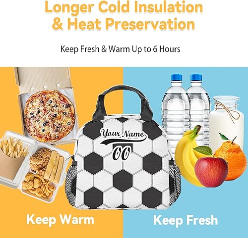 Miniatura 6 de Lonchera de fútbol personalizada para niños, lonchera aislada para niños, lindas bolsas de almuerzo portátiles blancas, pequeña bolsa de almuerzo
