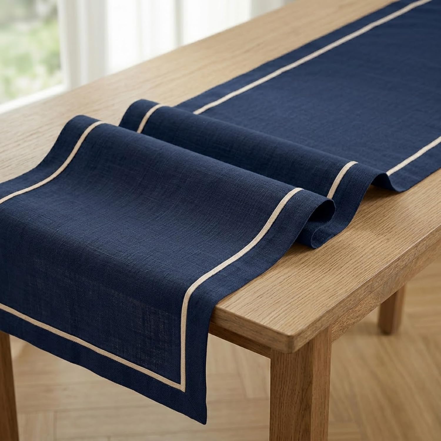 Solino Home Linen Table Runner 36 Inches - 100% Pure Linen Navy Short Table Runner 14 x 36 Inch Ideal for Dresser and Coffee Tables - Kensington, Mothers Day, Memorial Day