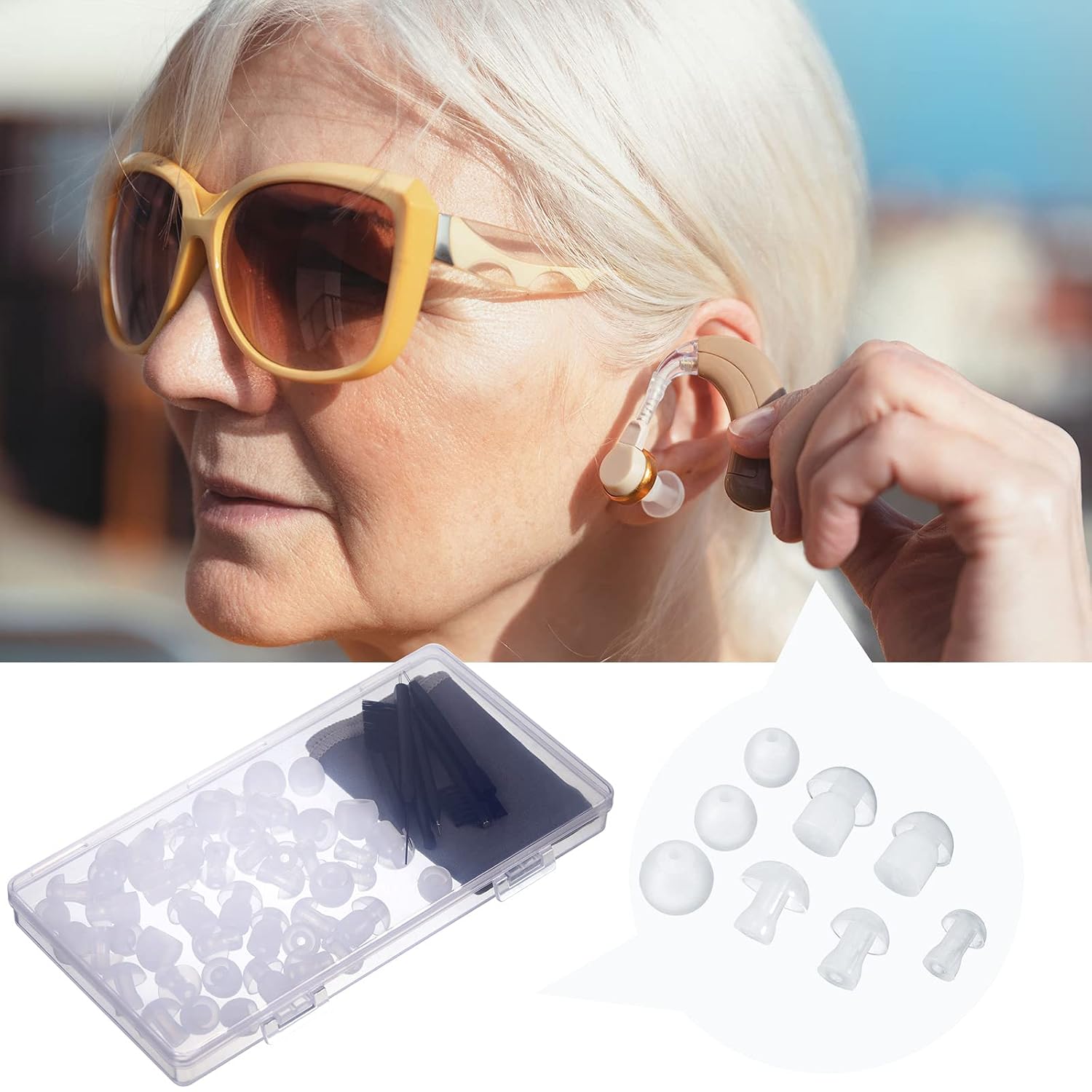 48 Pieces Hearing Aid Tips Hearing Aid Domes Universal Domes for Earbud Tip Replacement, BTE Sound Amplifier Accessories and 7 Pieces Cleaning Tools with Velvet Bag