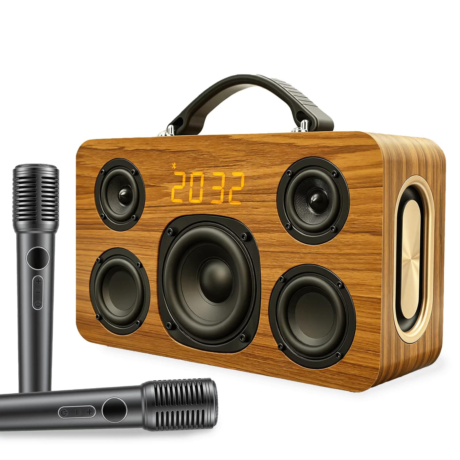 DOJBK 200W 7 Drivers Bluetooth Speaker, Wooden Home KTV Karaoke Machine with 2 Mics, Bluetooth 5.1 USB TF AUX Supported, Clock Alarm Function for Indoor Outdoor Use