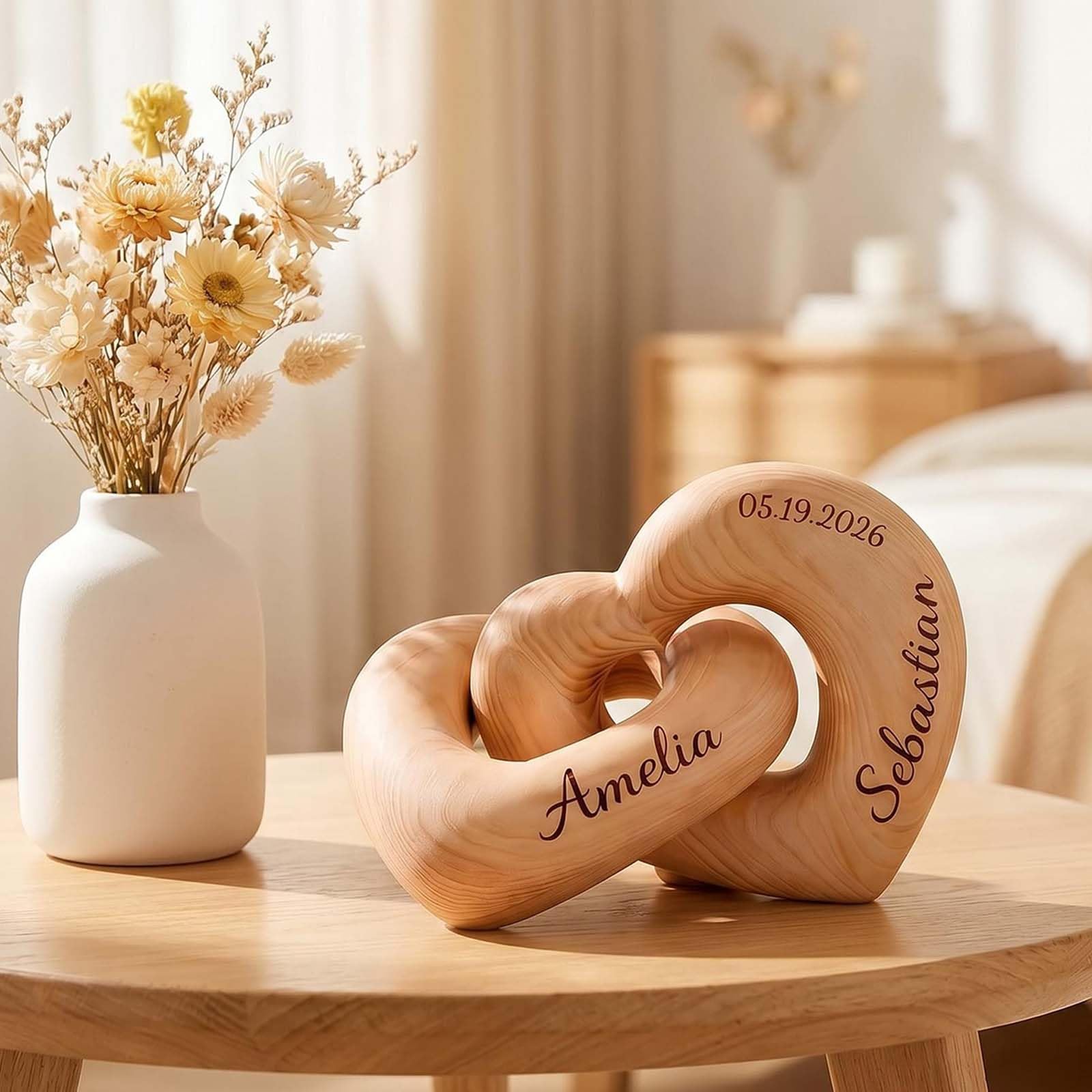 Personalised Wooden Heart Ornament | Custom Engraved Wood Hearts with Names/Text/Logo |Gift for Couples, Valentine, Wedding Souvenirs & Home Decoration