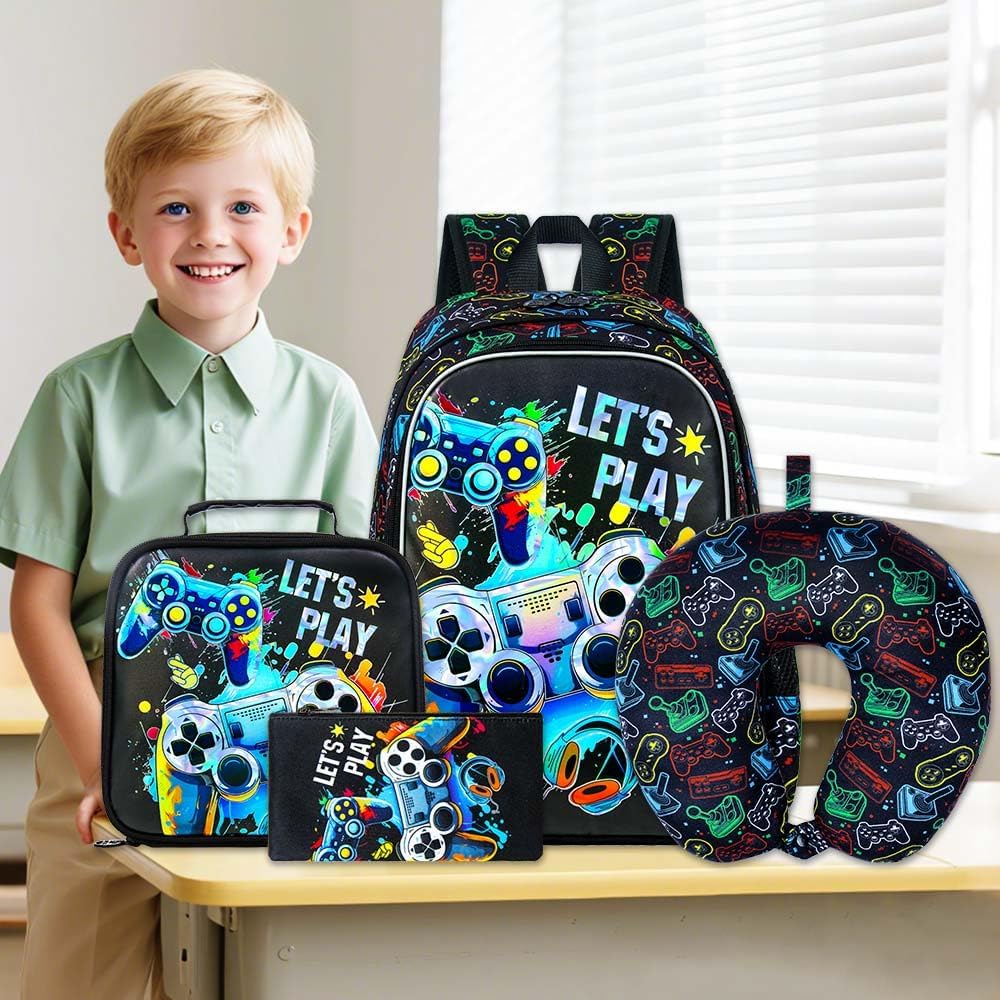 5PCS Kids Suitcase Set, Airline-Approved Carry-On with 360° Spinner Wheels, Cute Travel Luggage for Boys & Toddlers - Joyful Game Black