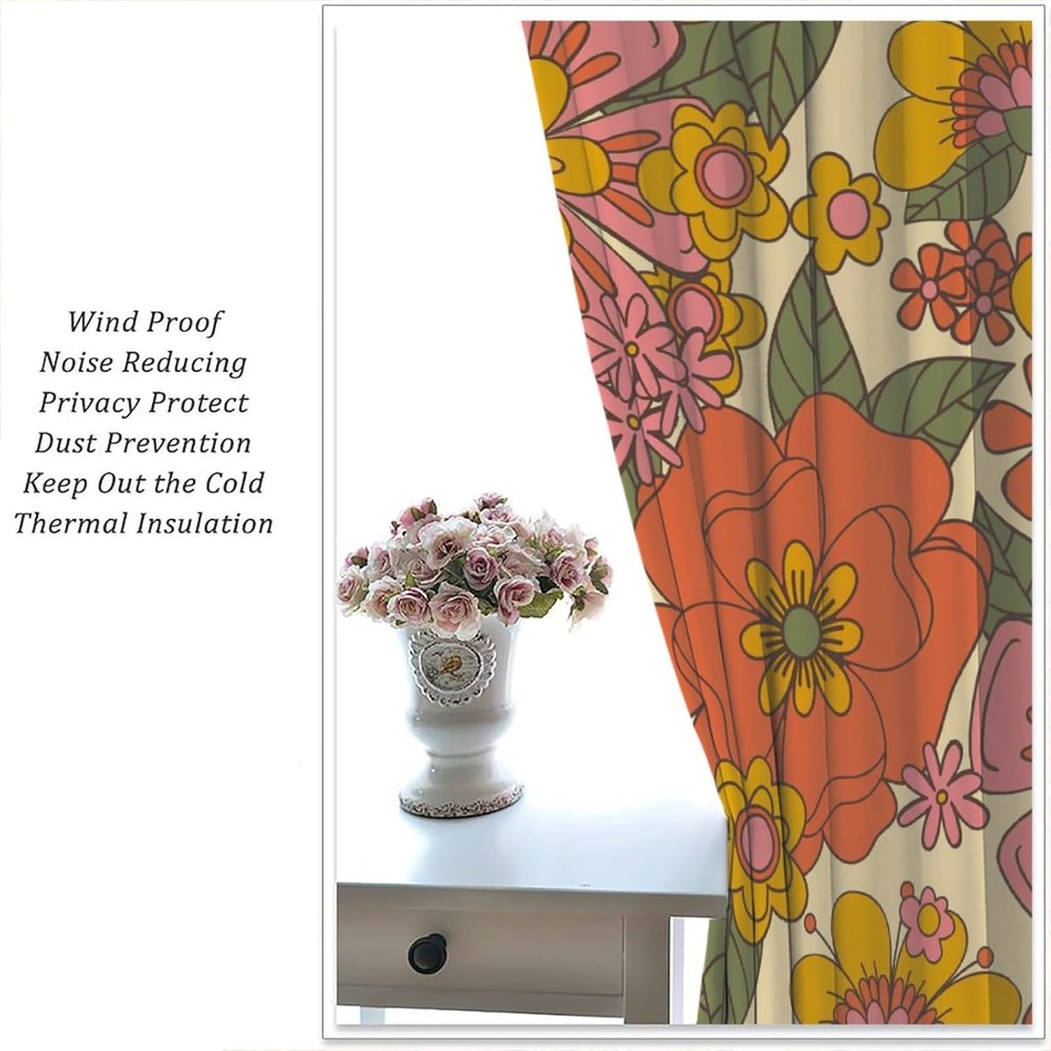 Retro 70s Floral Curtains Hippie Spring Groovy Flower Power Flower Boho Print Suitable for Home Bedroom Window Drapes Abstract Aesthetics Decoration 42x54 Inch Blackout