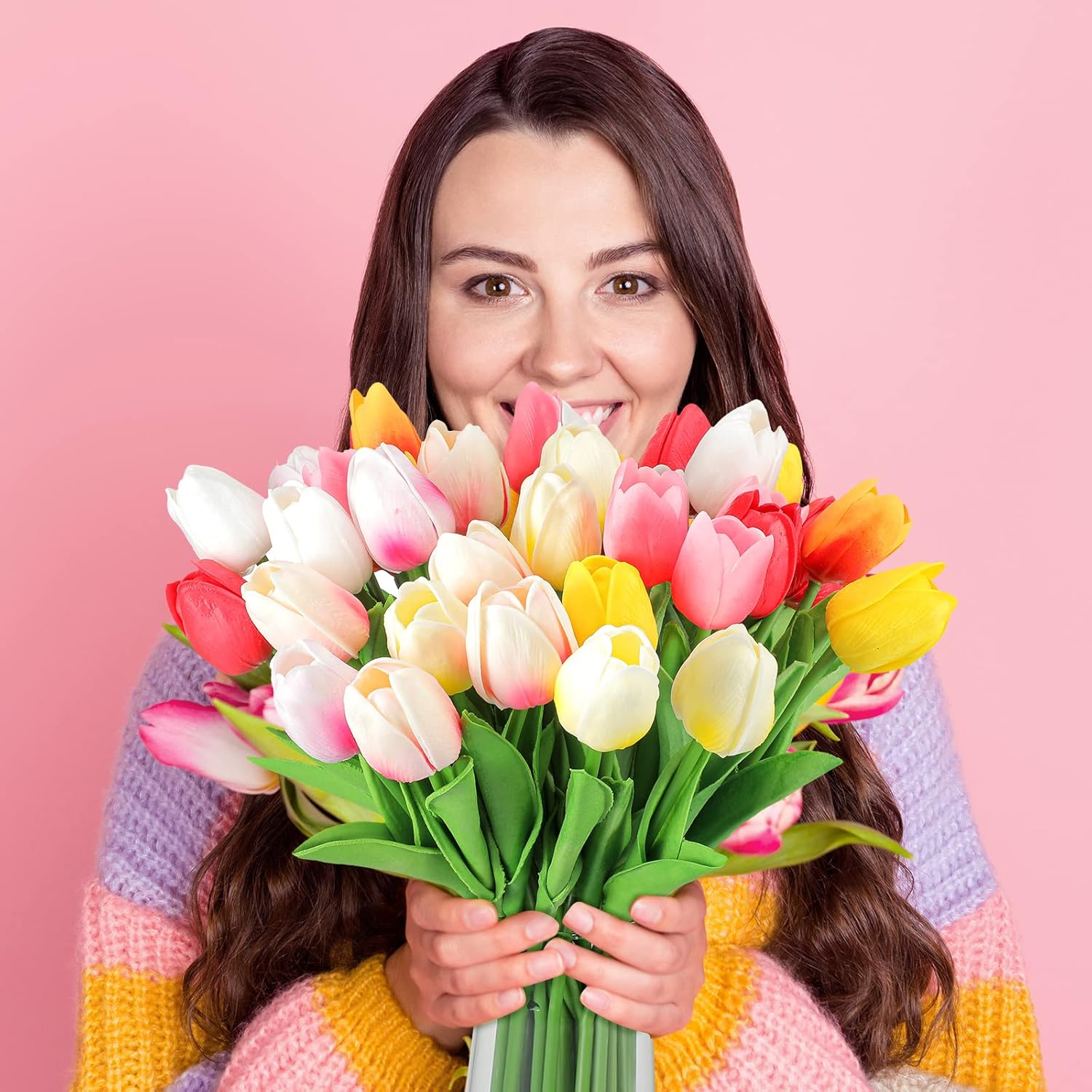 Geosar 40 Pcs Easter Artificial Fake Tulip Flowers Bulk for Decoration, 14 Inch PU Faux Tulip Stems Real Feel for Easter Wedding Table Centerpieces Floral Vase Decor(Fresh Colors)