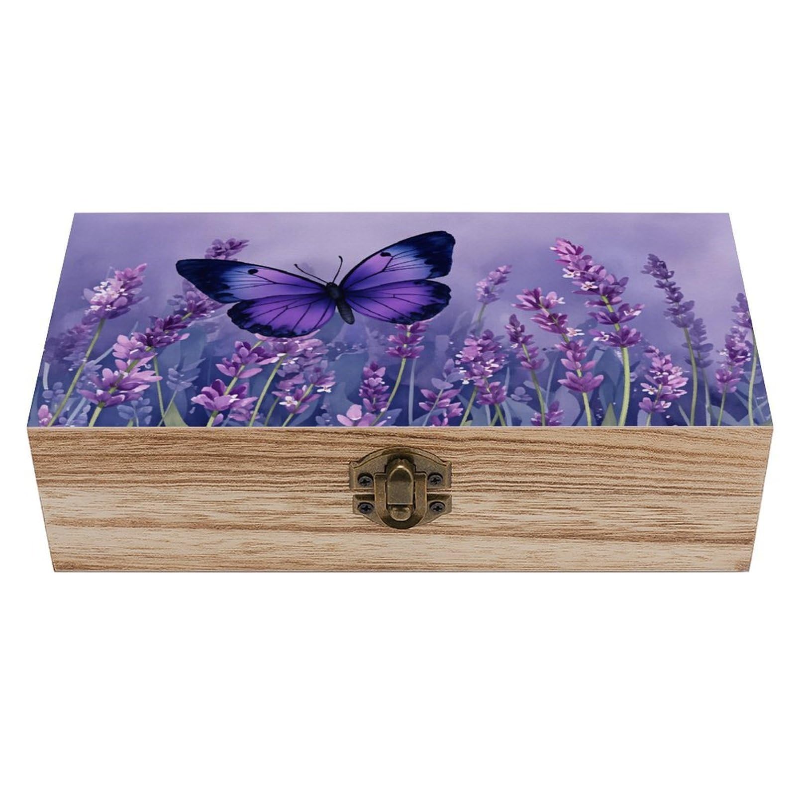 HLBSDM Purple Butterfly Lavender Field Vintage Wooden Keepsake Box with Hinged Lid And Locking Clasp, Decorative Storage Box for Jewelry, Trinkets And Small Accessories, Organizer for Home Or Wedding