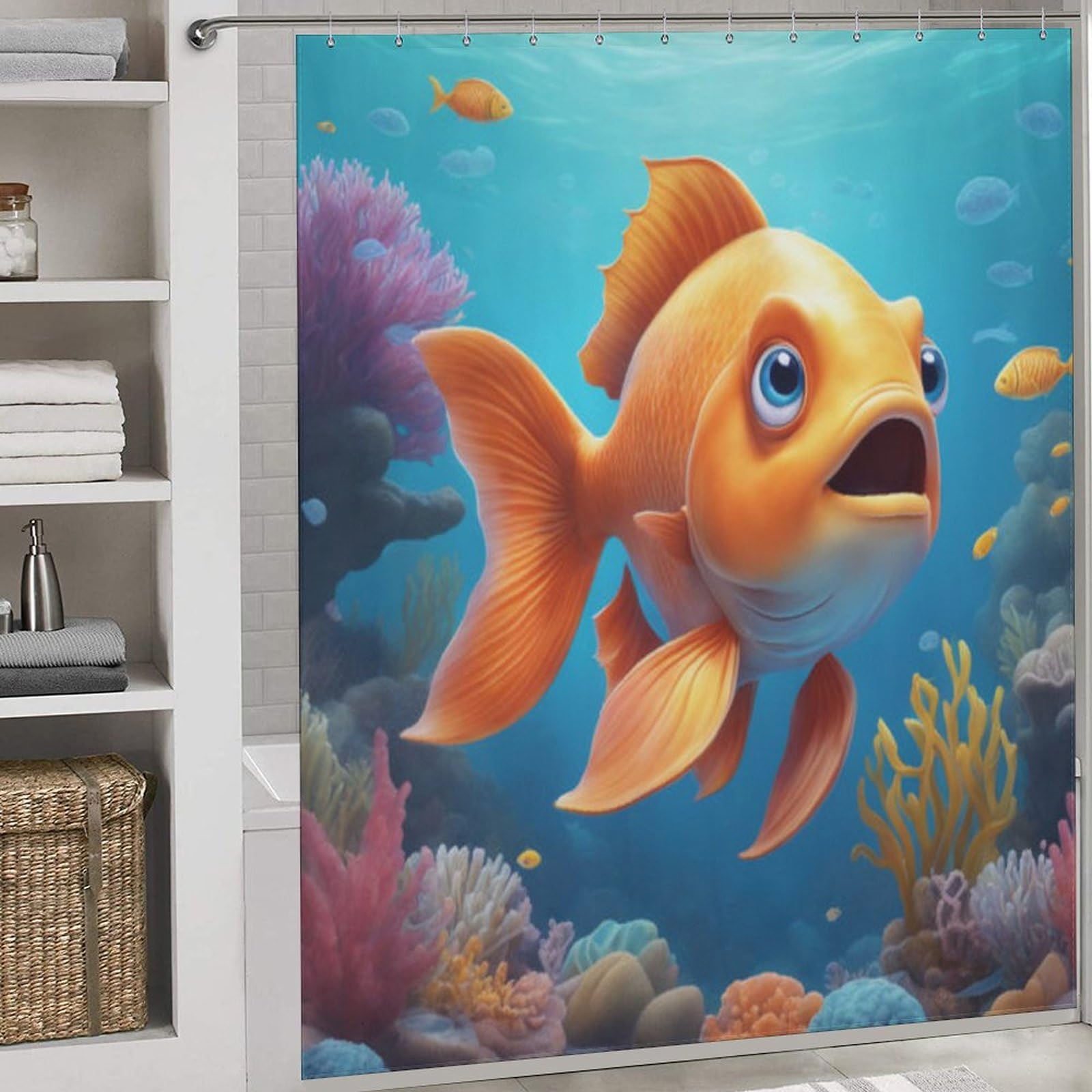 Rideau de douche textile étanche 183x183cm avec motifs poissons et crochets de salle de bain