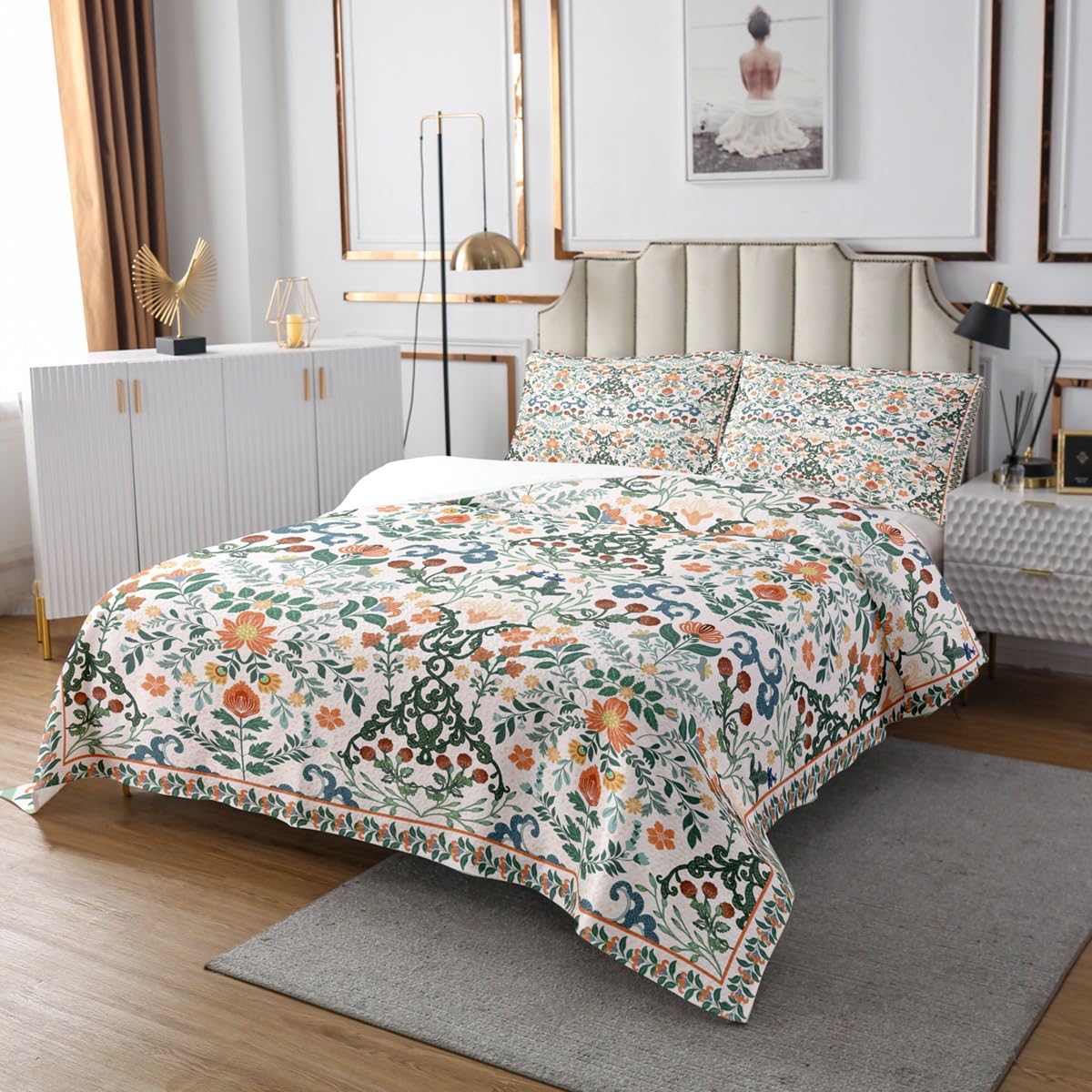 Homemissing Blumen Tagesdecke 240x260cm Jungen Mädchen Vinatge Botanischer Grün Steppdecke Für Kinder Retro Boho Blumen Wohndecke Blaue Orangenblüte Zimmer Dekor