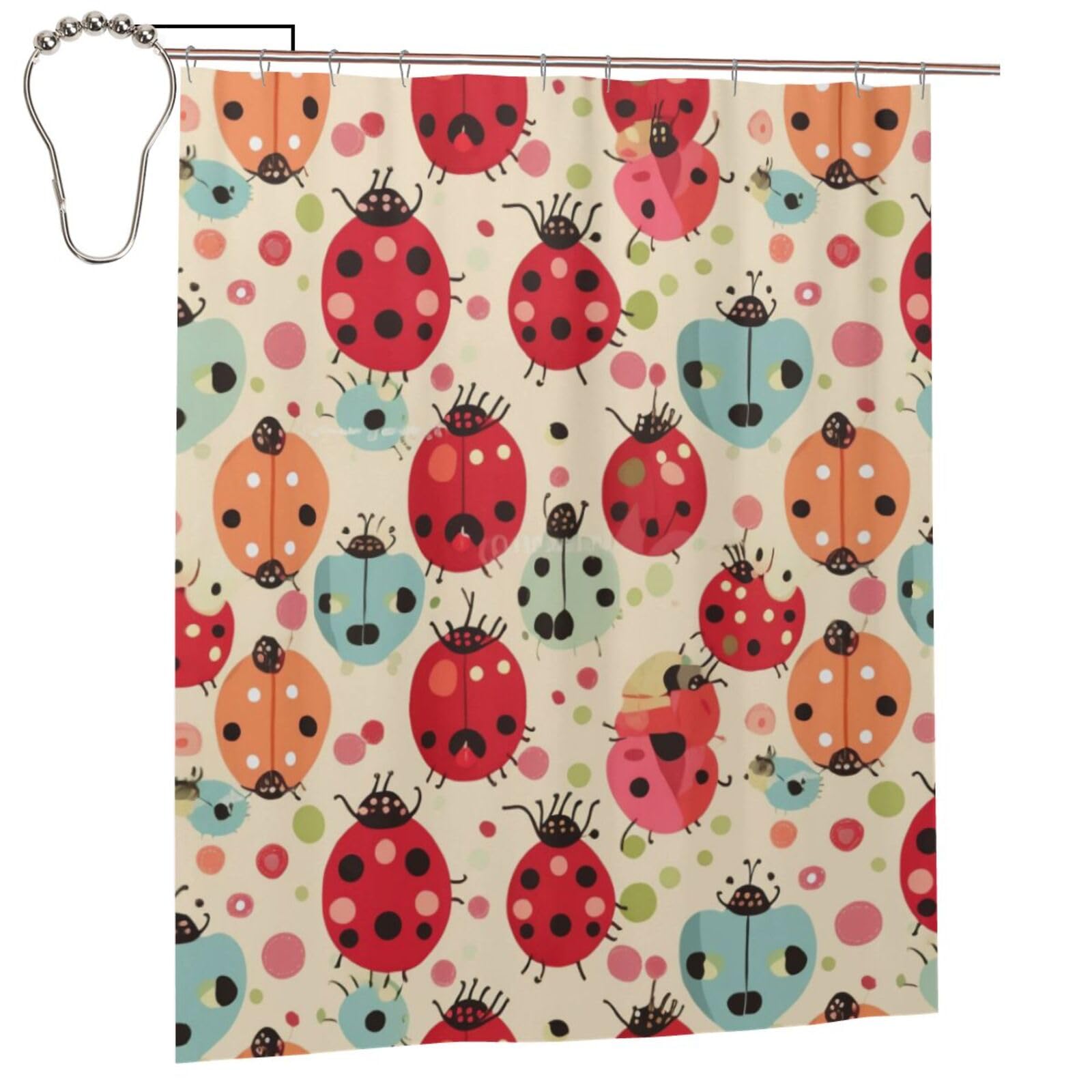 BWWHCCTI Ladybugs Cartoon Pattern Printed Shower Curtain With 12 Iron Hooks Opaque Quick Drying Waterproof Shower Curtains Sets For Bathroom 152x183 Cm
