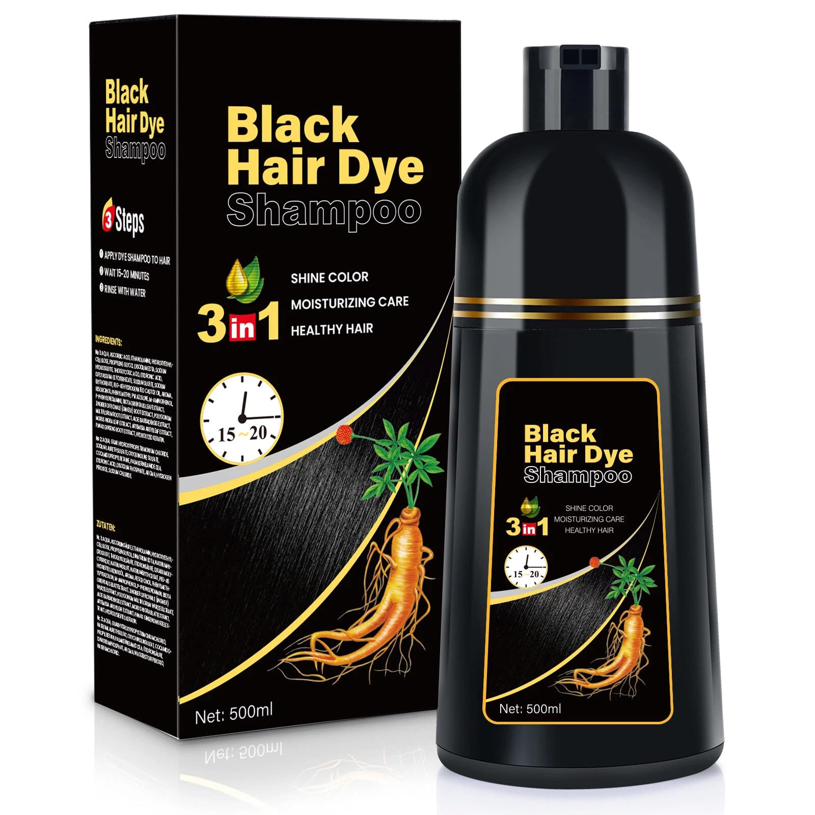Black Hair Dye 3 in 1 Shampoo for Gray Hair, Herbal Ingredients for Women&Men, Dye in Minutes/Semi-Permanent/(17.6 FL OZ)