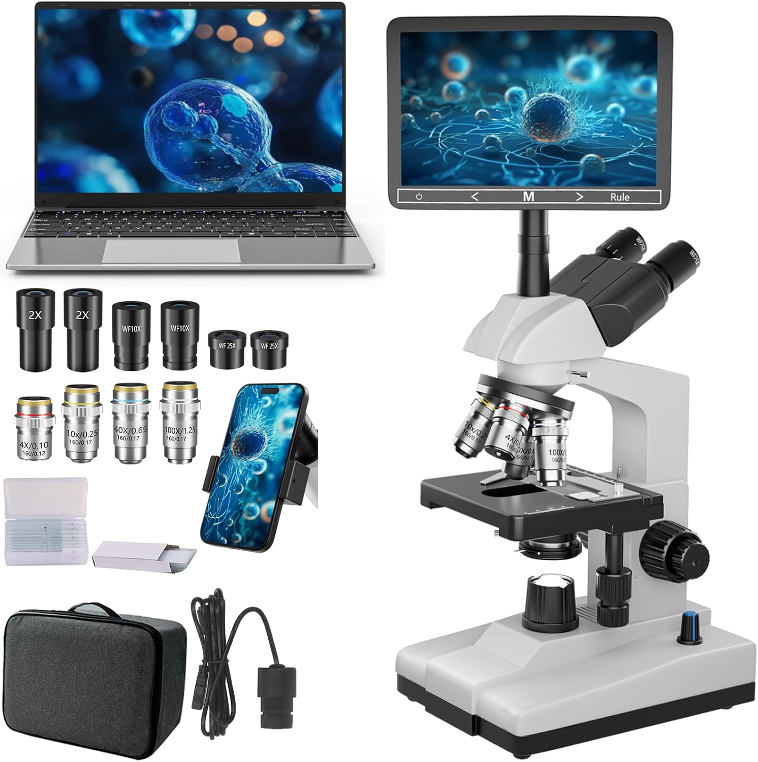 Professional Trinocular Microscope 40X-5000X Magnification, Microscope for Adults, Laboratory Grade with Dual Mechanical Stage and HD USB Camera, 7'' LCD Screen