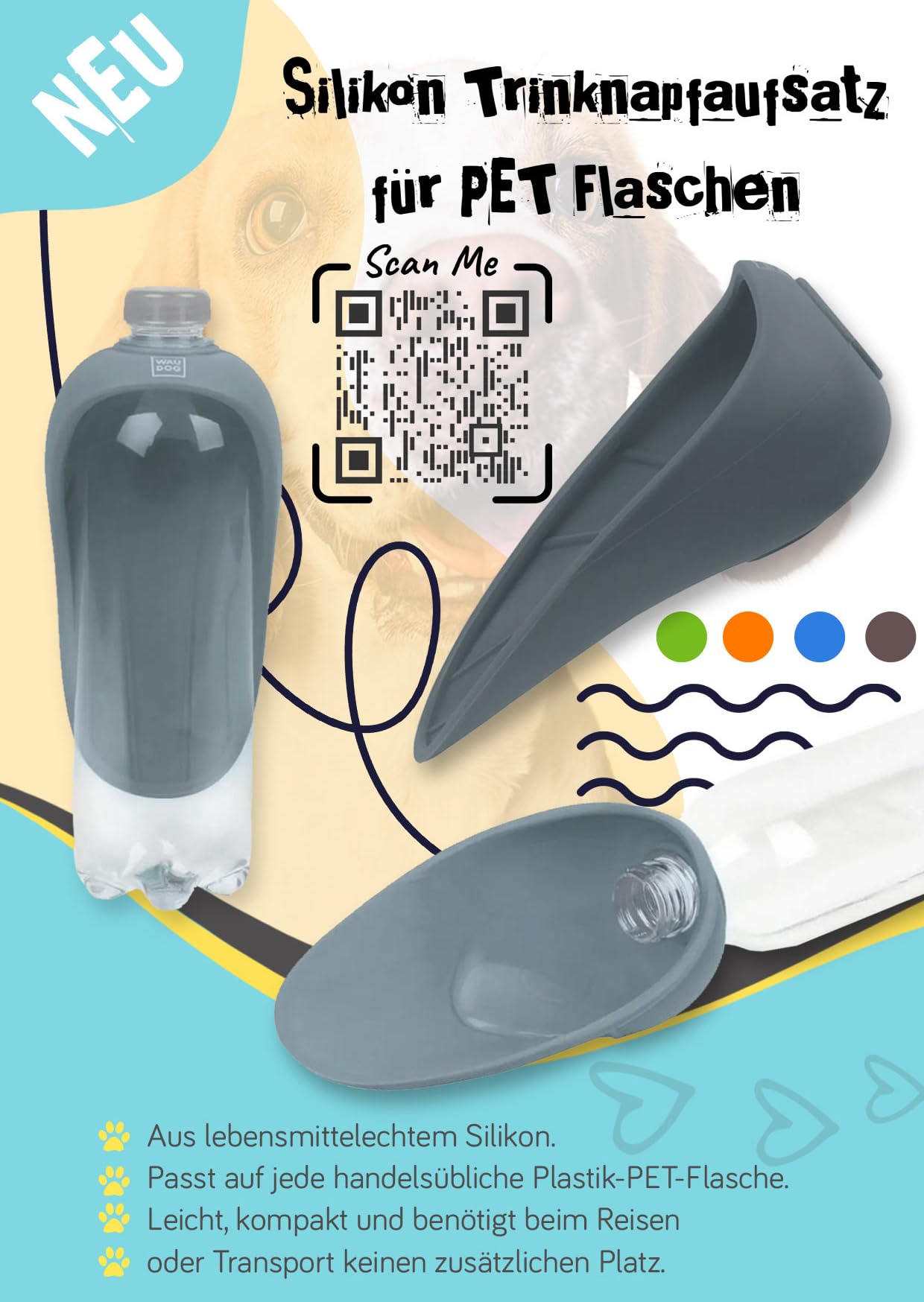 Silikon Trinknapf für Hunde - Für PET-Flaschen, Tragbarer Reise-Wasserspender für Unterwegs, Reisenapf, Leicht & Kompakt, Lebensmittelgeeignetes Silikon (Blau)