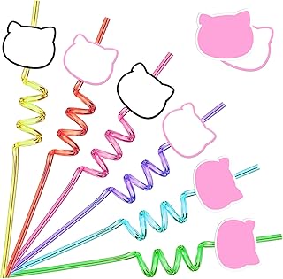 AMFZON 24 Kitty Birthday Party Favors Reusable Plastic Cat Drinking Straws 6 Designs for Kids Party Goodie Bags Stuffers Supplies