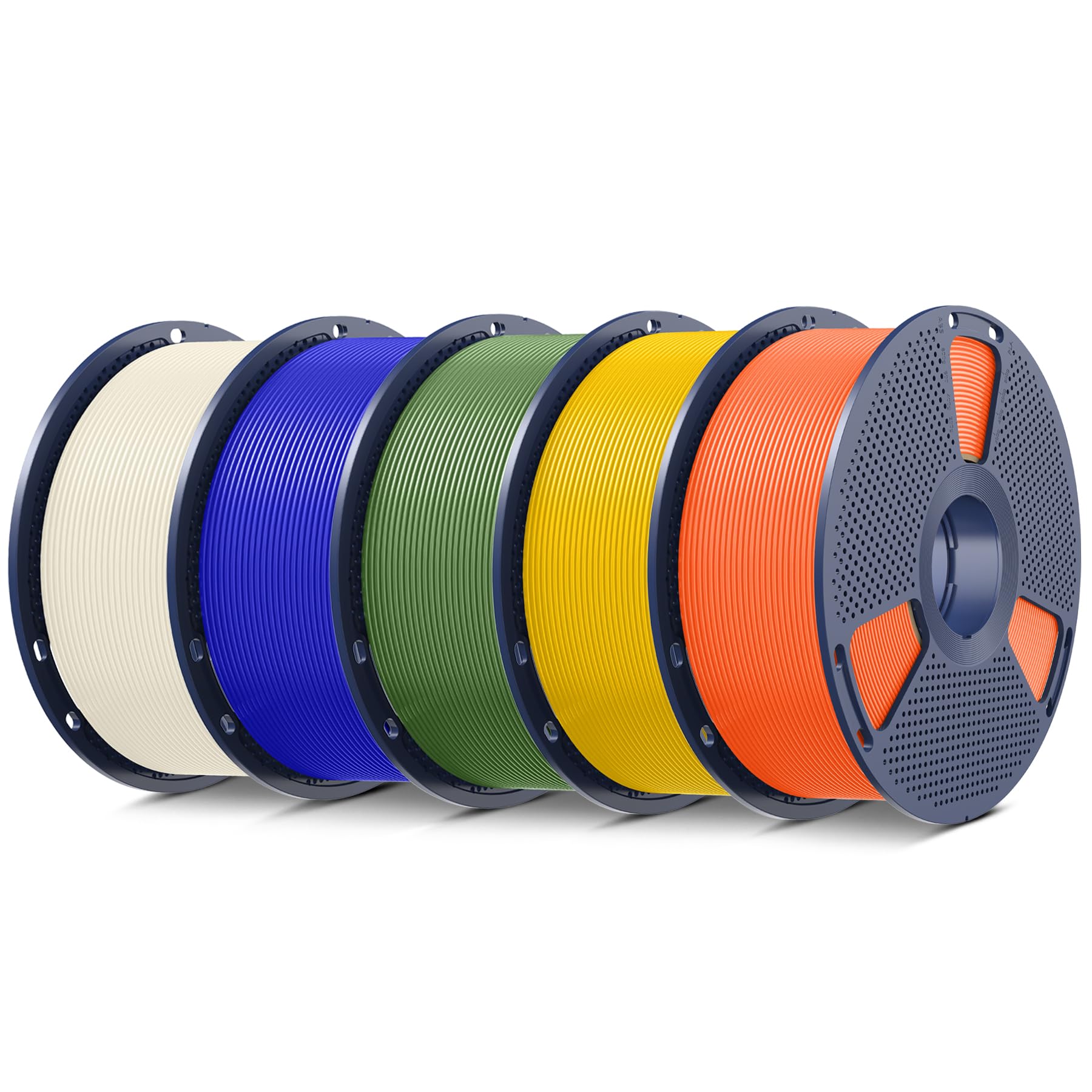 SUNLU 5KG PLA+ Filamento Paquete, 1KG por Carrete, 5 Rollos, Naranja Soleado+Azul Klein+Amarillo Vivo+Blanco Hueso+Verde Oliva