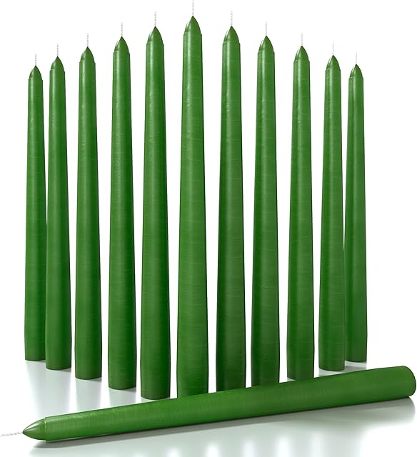 CANDWAX 10 inch Taper Candles Set of 12 - Dripless Taper Candles and Unscented Candlesticks - Perfect as Dinner Candles and Household Candles  Green Candles