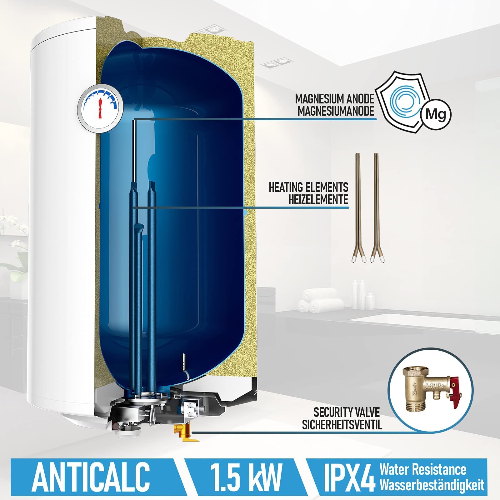 Aquamarin® Chauffe-Eau Électrique - Modèle ANTI-CALCAIRE, Réservoir avec Capacité de 50 Litres, Thermostat à 75°C, 1.5 kW, CEE : C - Ballon d'Eau Chaude