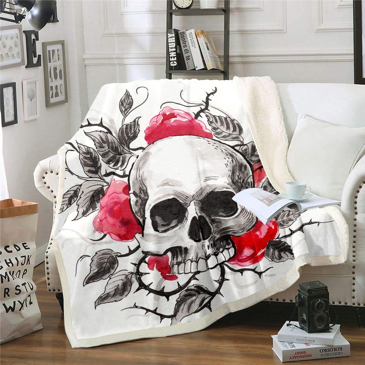 Homemissing Sugar Skull Painted Fleece Throw Blanket Skull Floral Plush Blanket for Bed Sofa Couch Adult Halloween Themed Sherpa Blanket Warm Fuzzy Blanket Room Decor Skeleton Design White Baby 30x40 — image 1