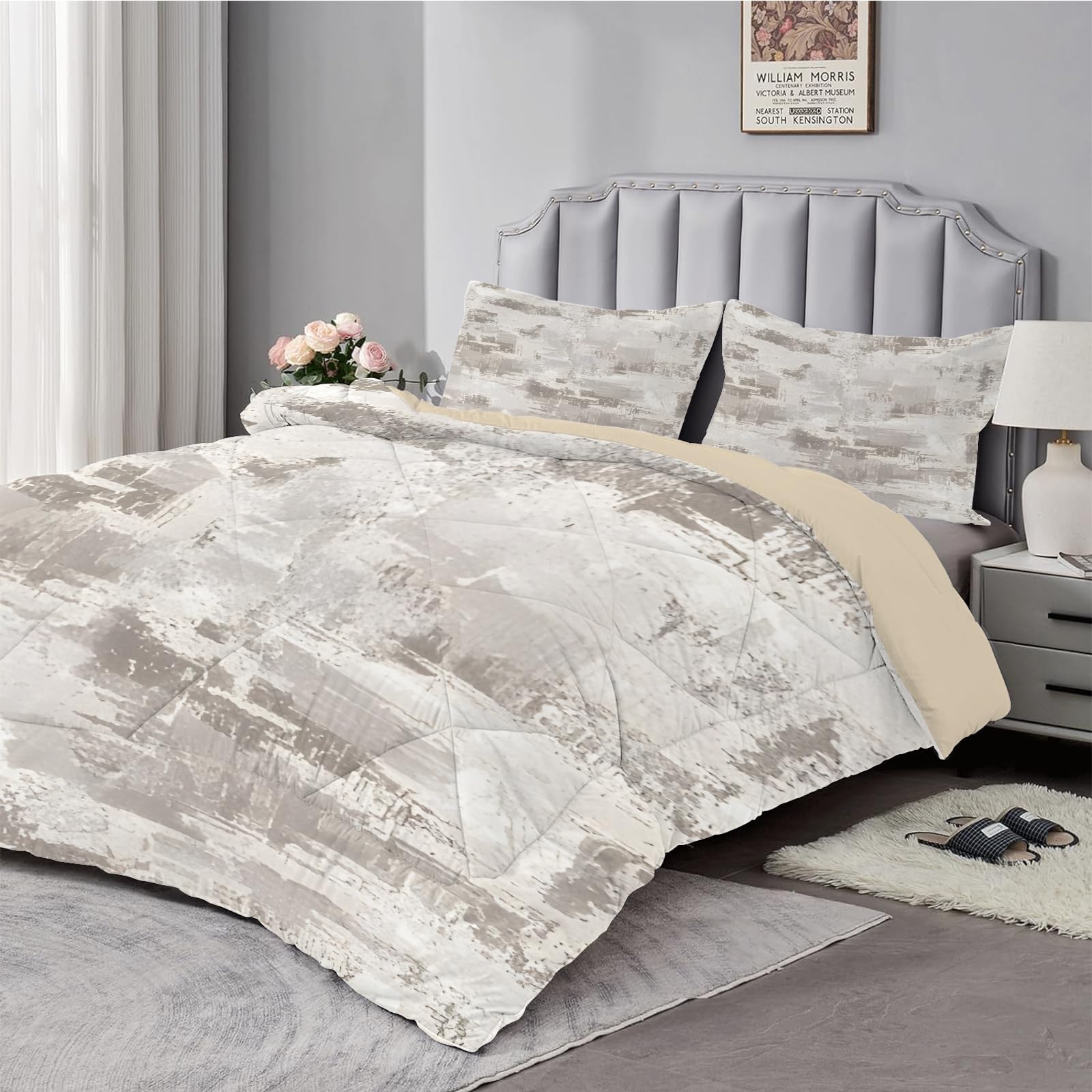 Dyausi Beige Double Duvet - Coverless Duvet With Matching Pillowcase 50X75cm - Reversible Grain Printed Duvet - Lightweight And Washable Duvet Double - Double 200X200cm