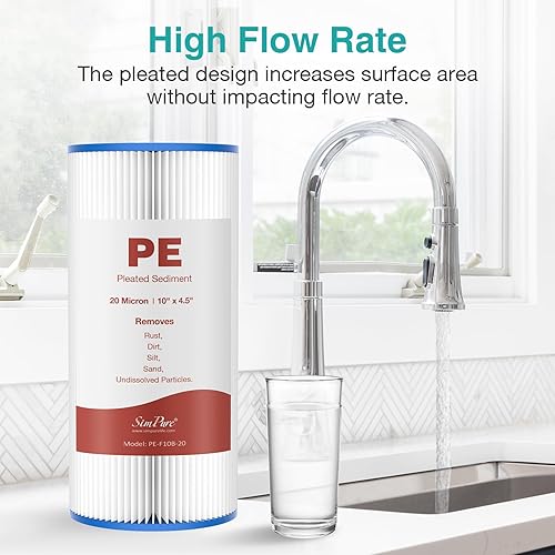 Miniatura 4 de SimPure Filtro de agua de sedimento plisado de 10 x 4.5 pulgadas, cartucho de filtro de agua de 20 micrones para toda la casa para agua de pozo