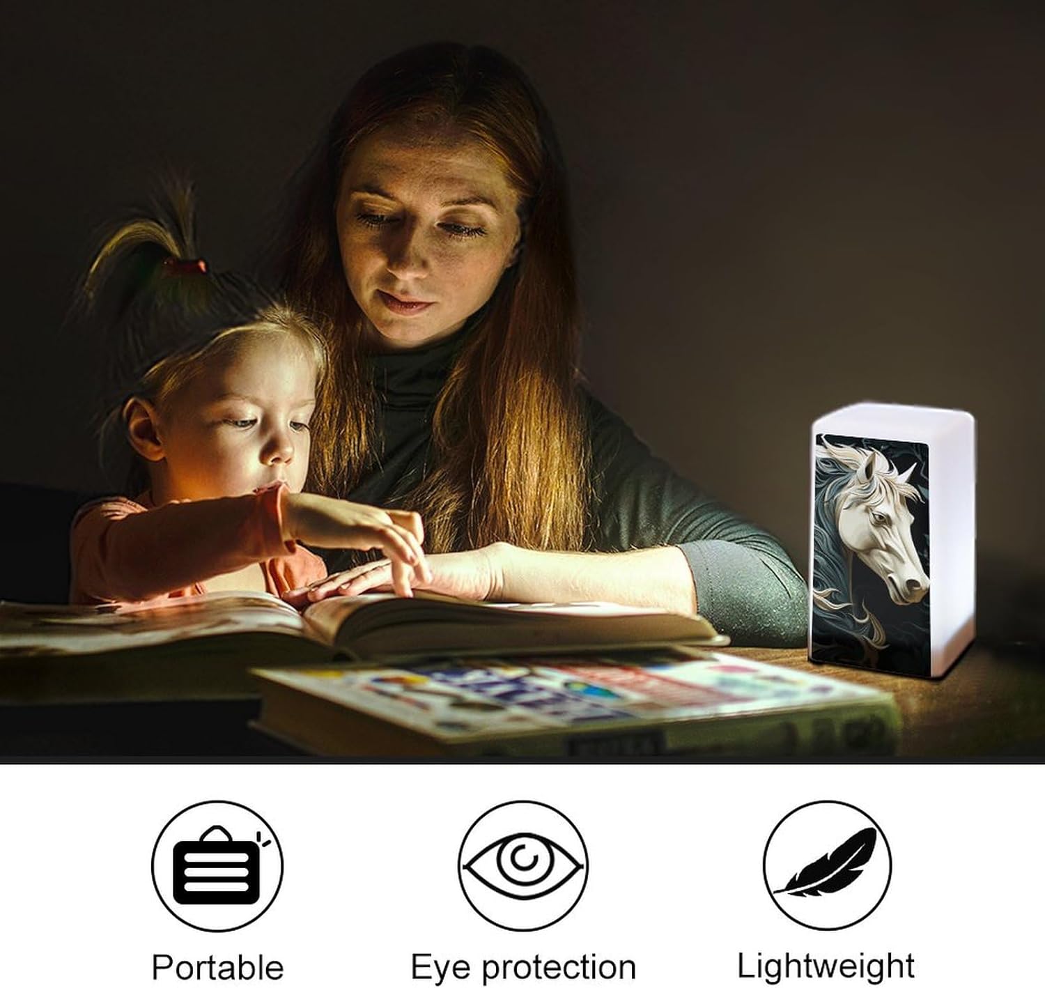 Desk Lamp Table Lamp with 2 Lighting Modes Battery Operated Horse Pattern Reading Lamp for Bedroom Nightstand