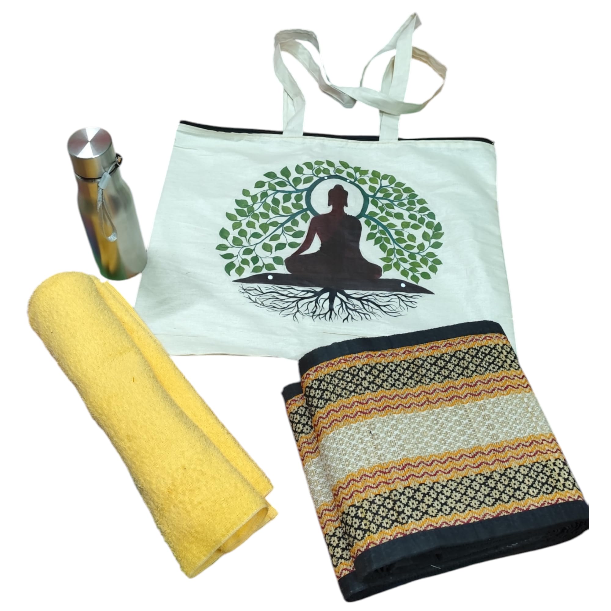 Handcrafted Korai grass Yoga mat towel bottle set I Natural grass Fitness mats with Handpainted Cotton Tote carry bag I Eco friendly Meditation mats I Sustainable picnic mat I Pranayama yogamat I Yogamat for beginners I Outdoor picnic mat I Camping sitting mat I Gym matgift for men women, Blk-L-picture-29