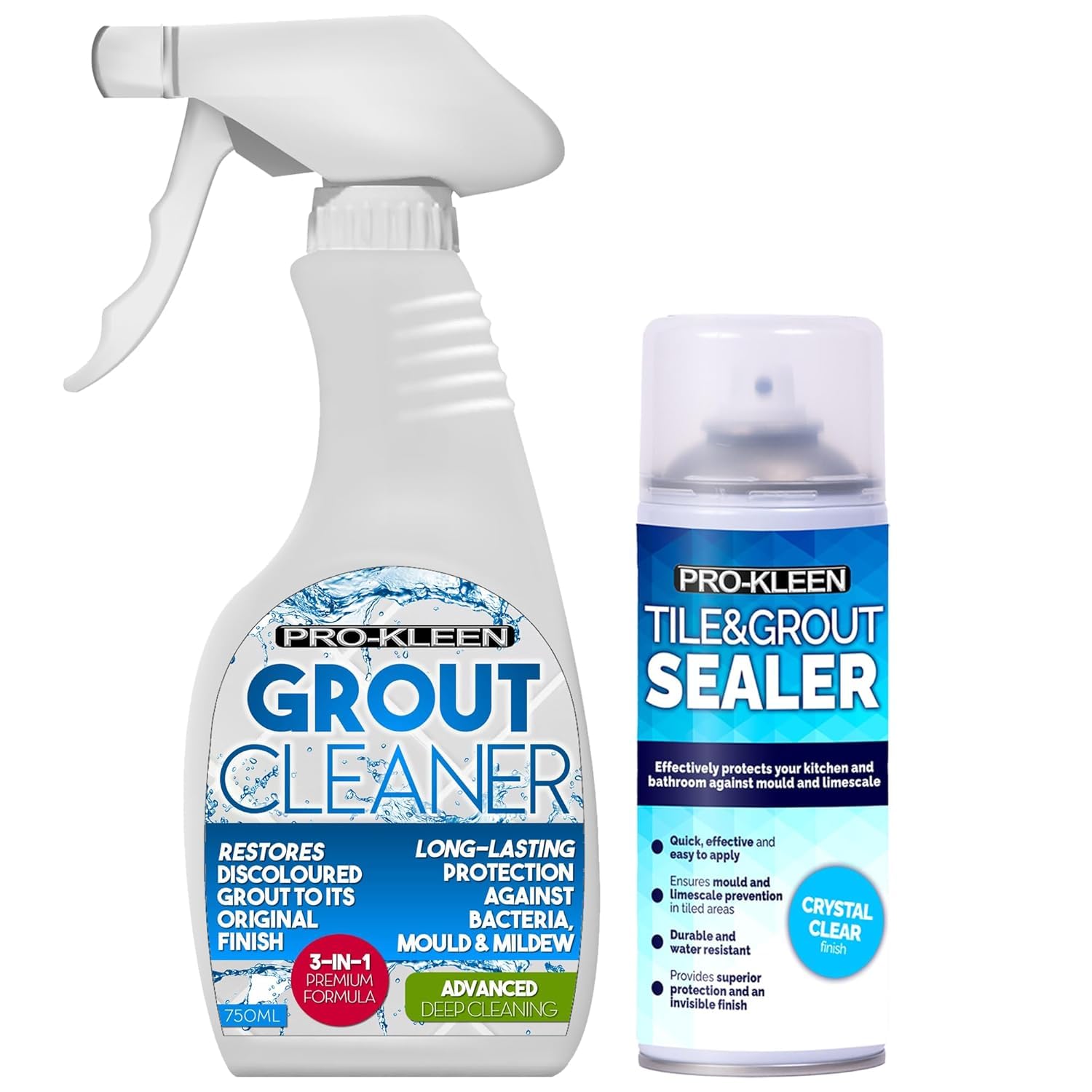 Pro-Kleen Grout Cleaner 750ml and Tile & Grout Sealer 400ml - Cleans, Protects & Seals - Waterproof Protection Against Mould, Mildew & Limescale - Long-Lasting & Non-Staining