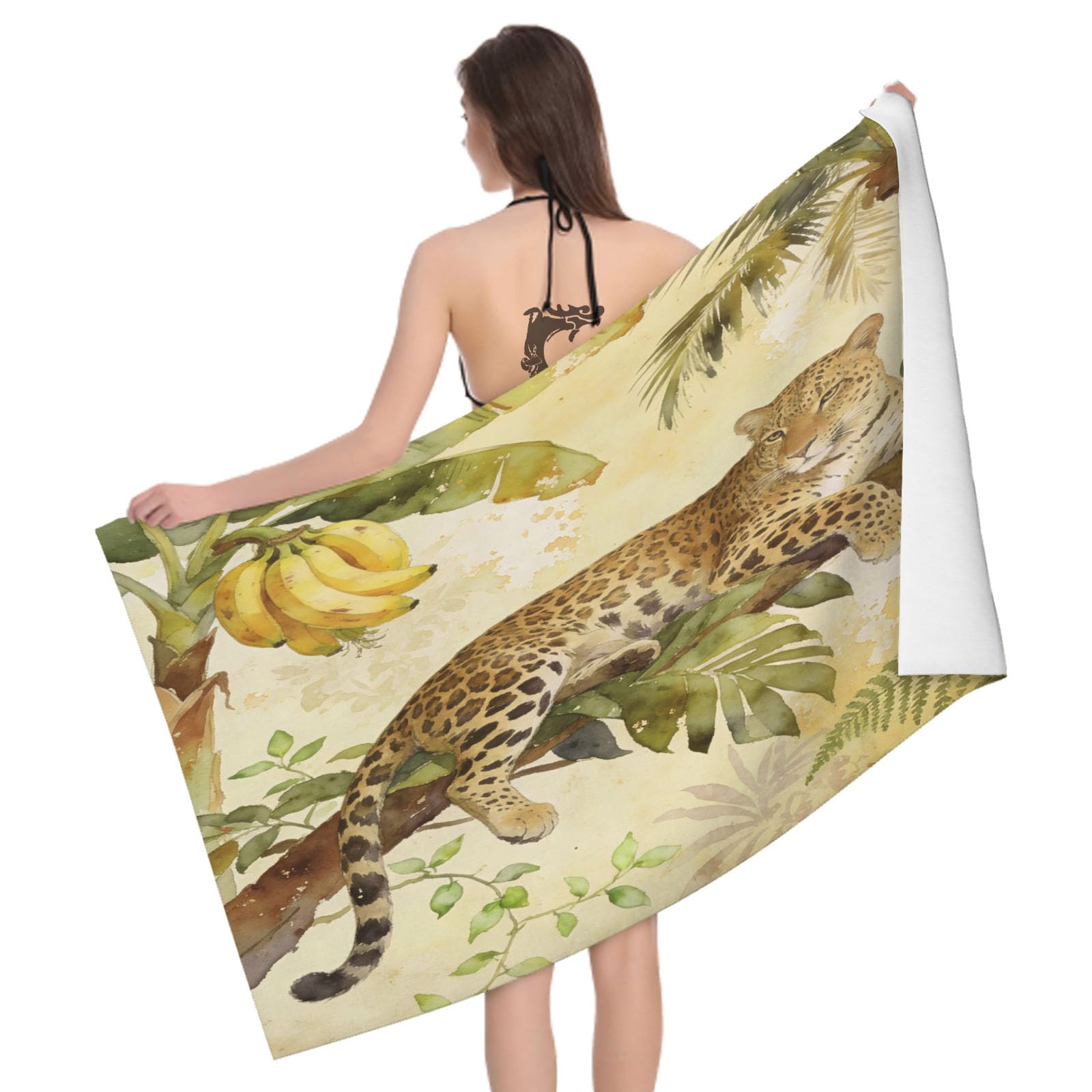 Leichong 3D Cartoon Leopard Beach Towel Microfiber Soft Quick Dry for Adults, Palm Trees Bath Towel Lightweight Soft Absorbent for Travel Swimming Pool Sports, 75 x 150 cm