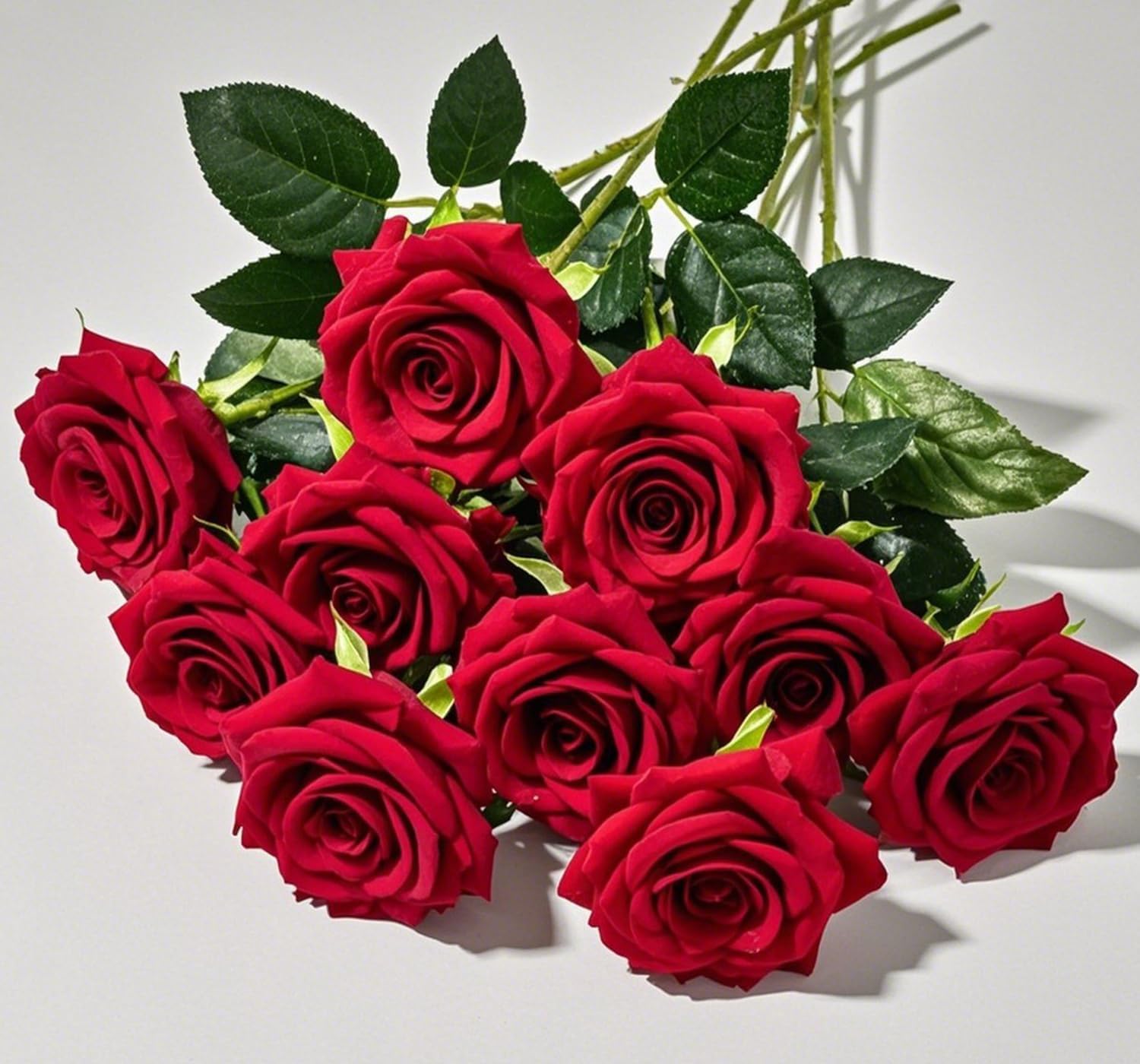 Fake Red Roses Artificial Flowers 10 Pieces Valentine's Mother's Day Bouquet Silk Forever with Stems for Wedding Birthday Easter Christmas Engagements Anniversary Home Decor