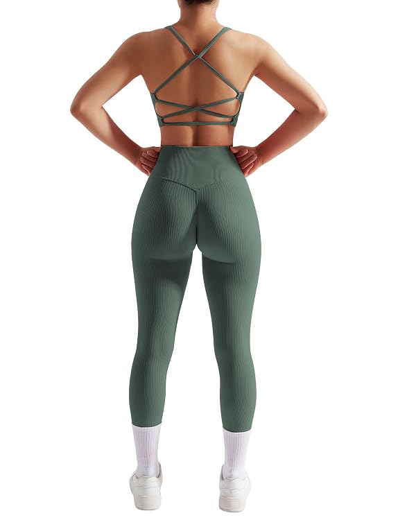 RXRXCOCO Ribbed Workout Sets for Women 2 Piece Backless Strappy Sports Bra Seamless Leggings Matching Set Yoga Outfits Forest Green Small by RXRXCOCO - Used condition - US$27.75