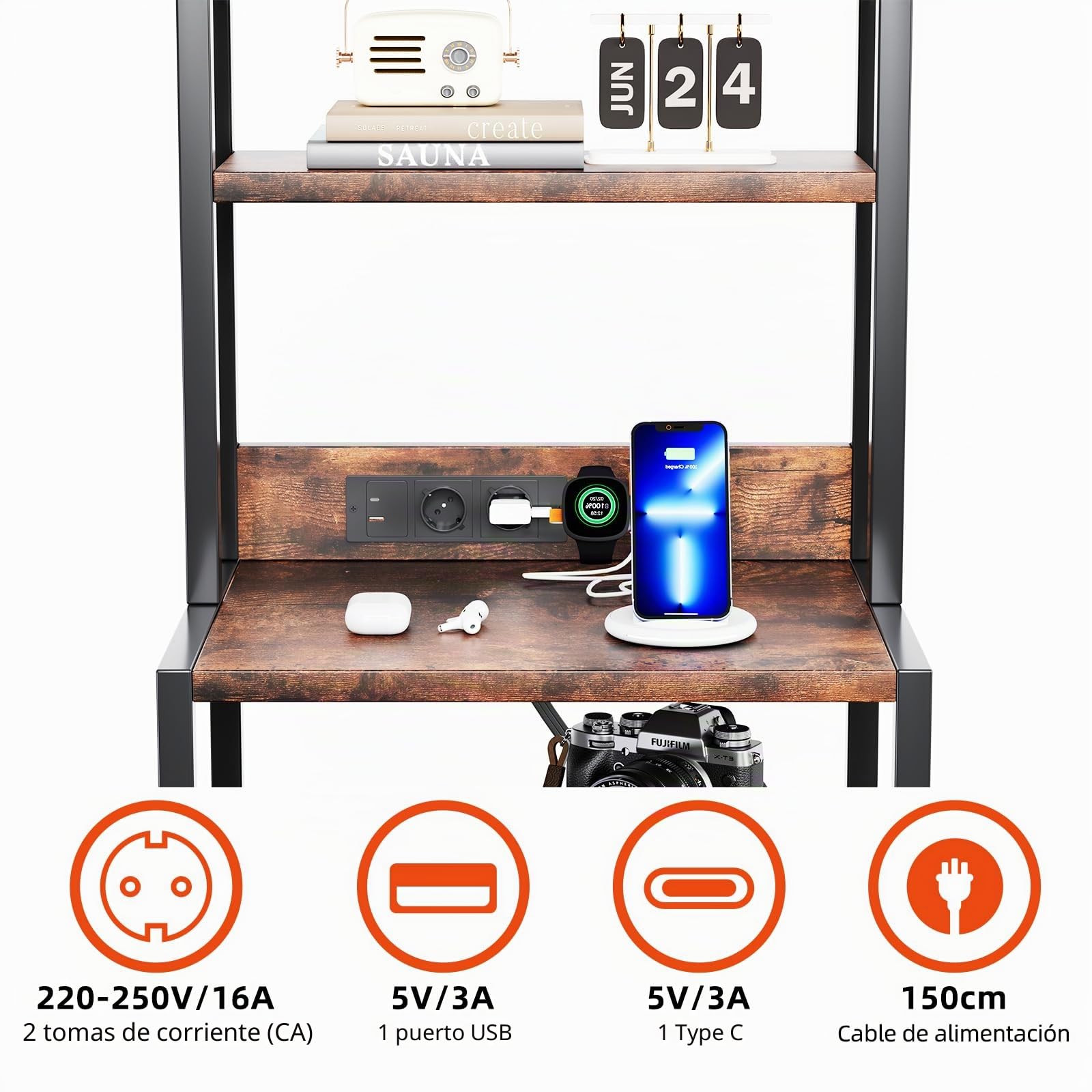 Caiyun Mesita de noche con LED y función de carga, mesa auxiliar con 4 niveles de almacenamiento, mesa de sofá con 3 cajones de tela, mesitas de noche con estante para libros, mesa auxiliar
