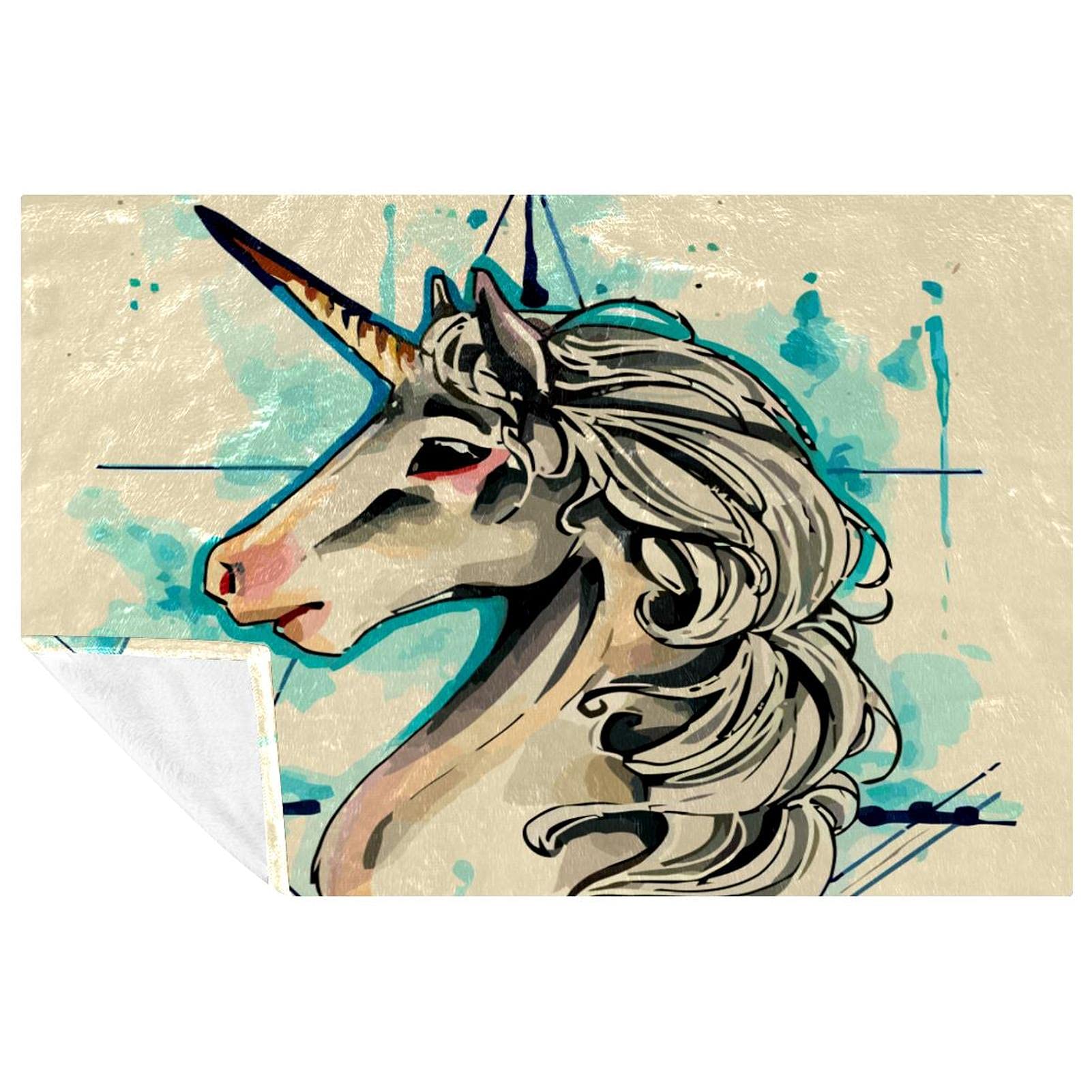 Couverture licorne beige 150x100 cm douce et chaude pour lit et canapé