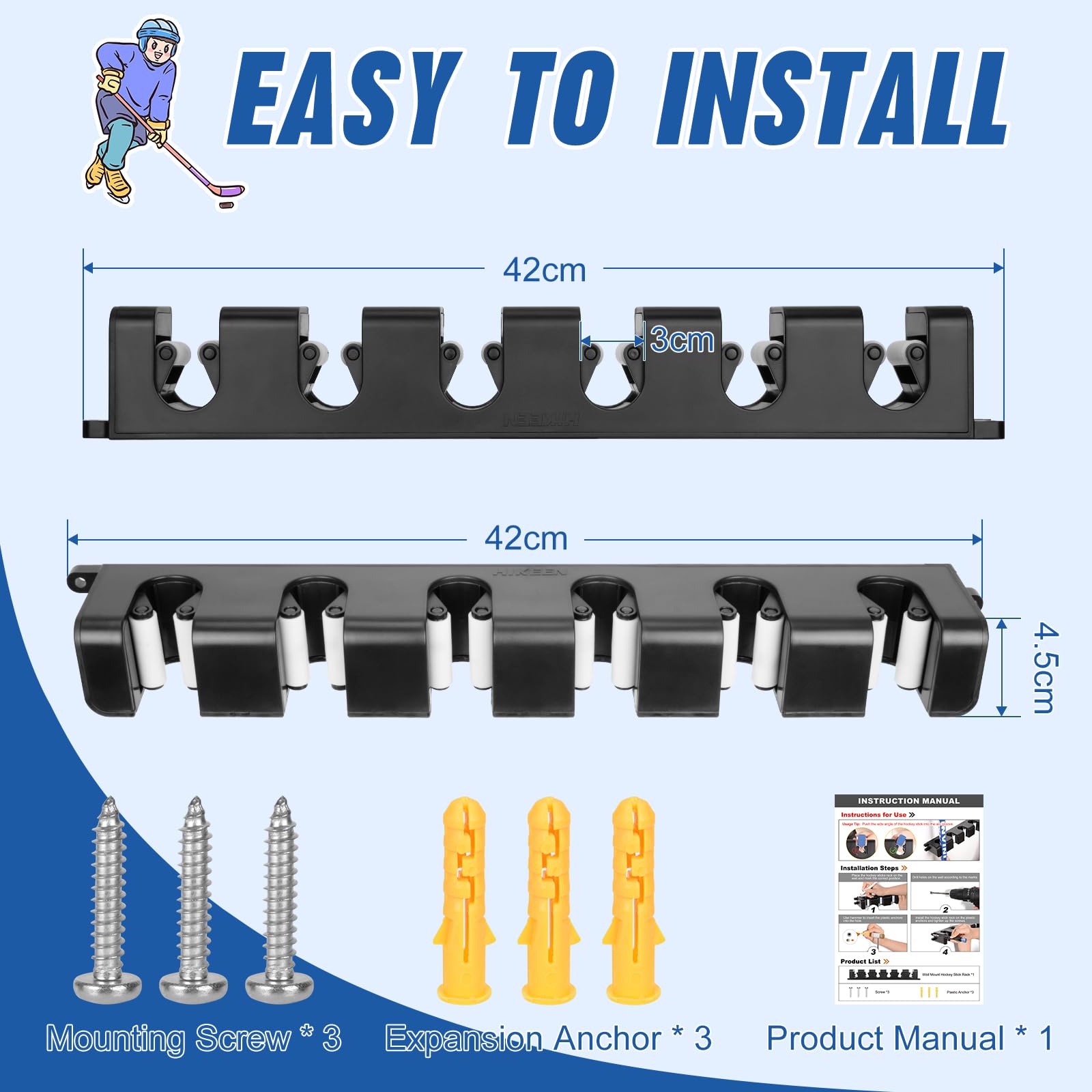 BOOSTEADY Porta Bastoni da Hockey da Parete, Supporto per 6 Bastoni, Organizzatore a Risparmio Spaziale