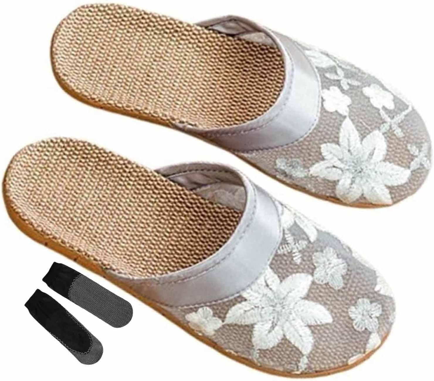 BGFREChinese Mesh Slippers For Women Summer Lace Chinese Slippers Gauze Hollowed-out Female Slippers with Socks (Color : Gray, Size : 35-36)