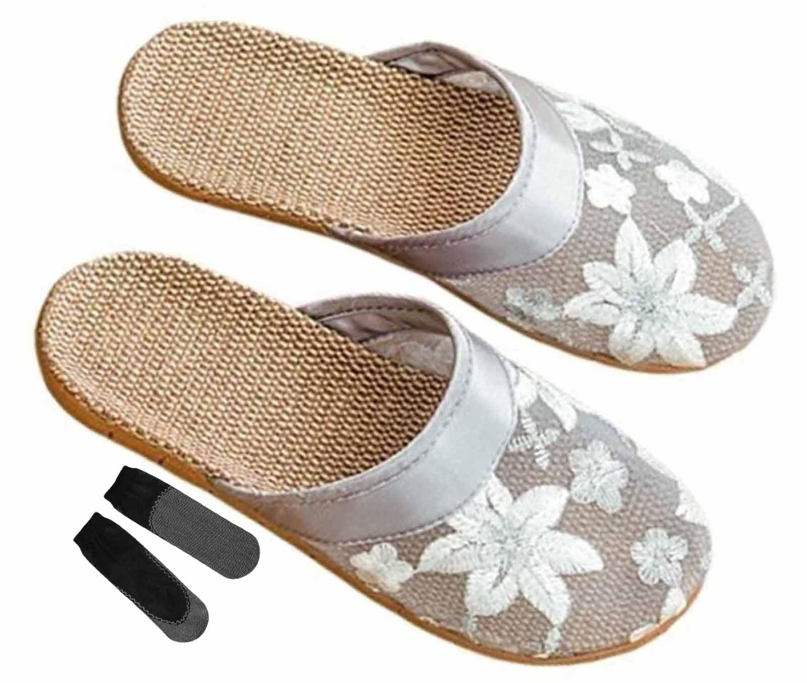 BGFREChinese Mesh Slippers For Women Summer Lace Chinese Slippers Gauze Hollowed-out Female Slippers with Socks (Color : Gray, Size : 35-36)