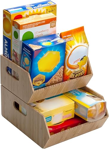 Mobilevision Contenedores de almacenamiento de bambú versátiles XL para despensa y armario de cocina, multiusos, juego de 2 piezas apilables cubos