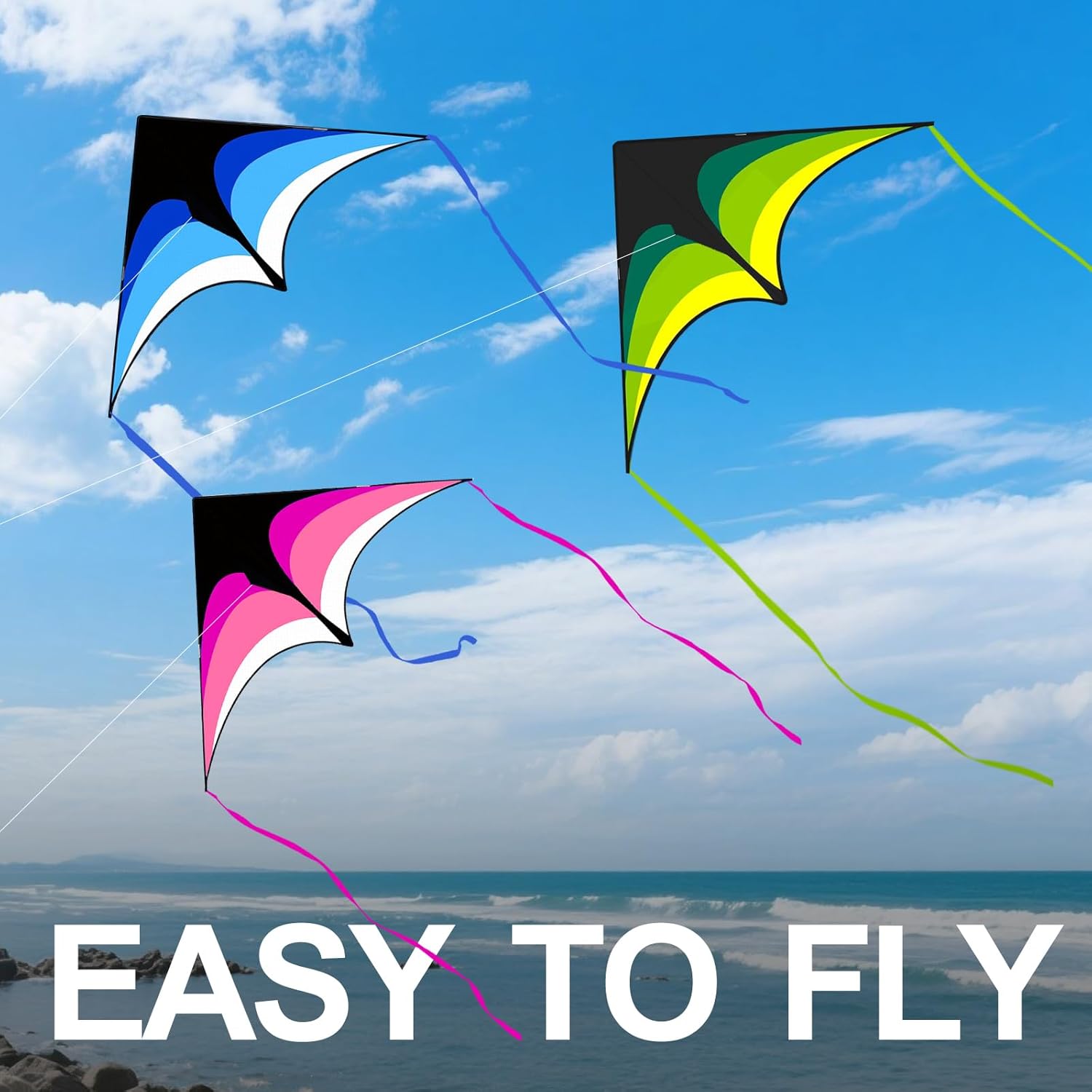 3 Pack Delta Kite Set for Adults and Kids, Single Line Beach Kites for Boys & Girls, Three Handle with String Included