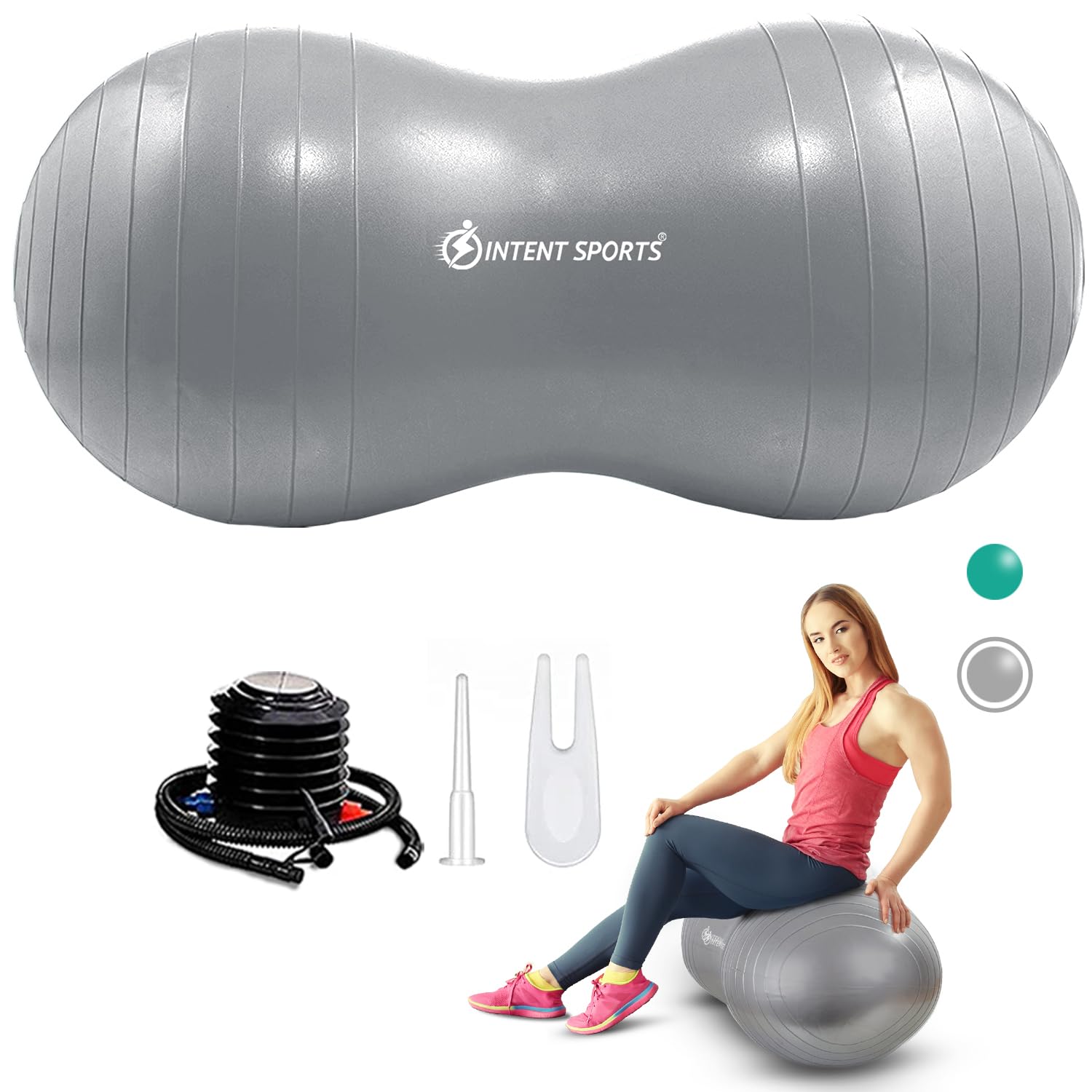 INTENT SPORTS Peanut Ball – Anti Burst Ball for Exercise, Labor, Birthing, Dog Training, Kids, Home & Gym Fitness, Physio Roll, Yoga Balance, Flexible Seating for Classroom & Office - Pump Included