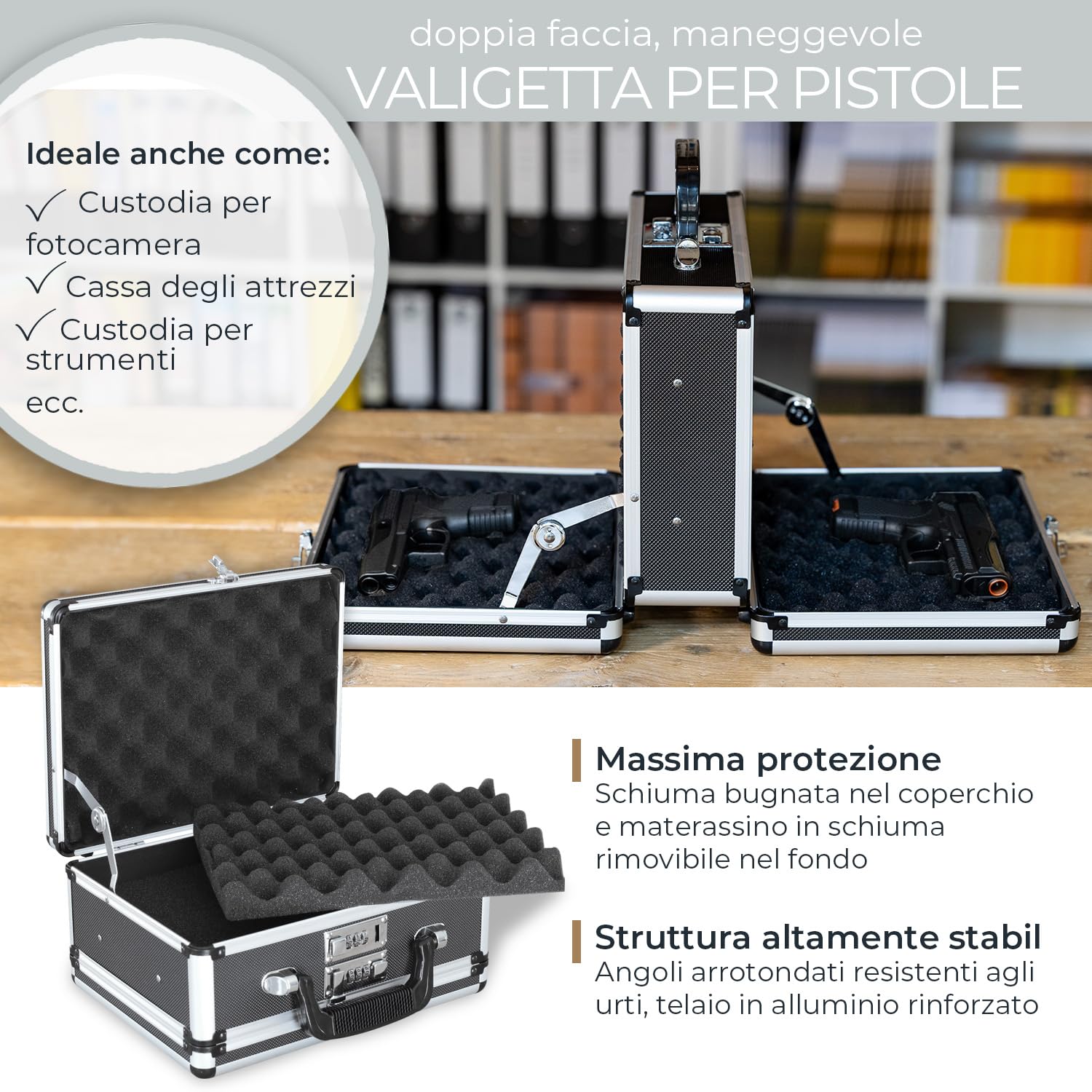 HMF 14411-02 Custodia per 2 Pistole in Alluminio | Doppio Lato | 31 x 26 x 15 cm | Nero