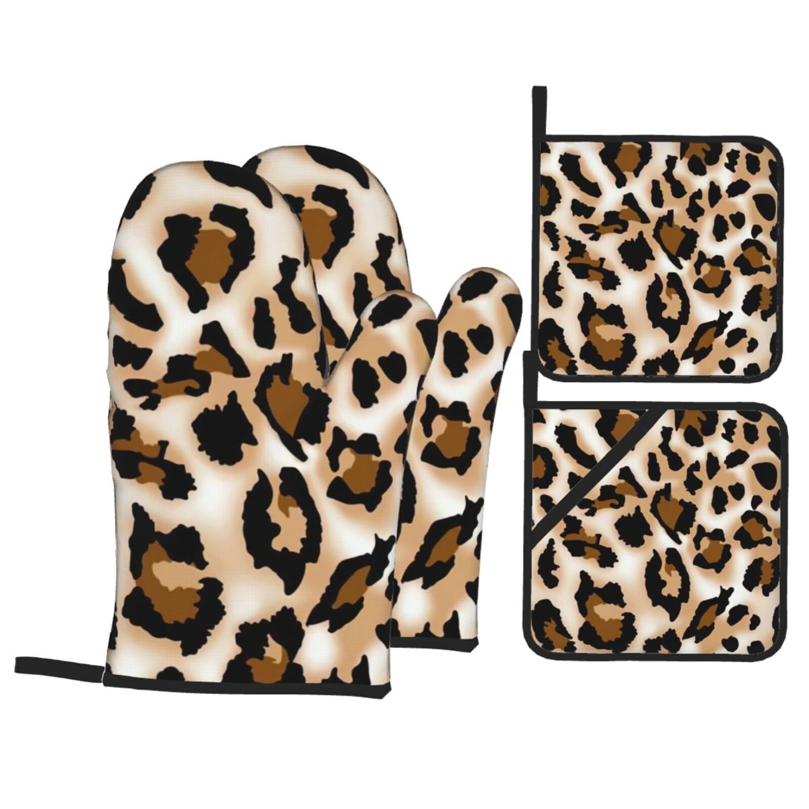 Leopard Print 4-Piece Heat-Resistant Oven Waterproof Kitchen Gloves Cooking Roasting Essential