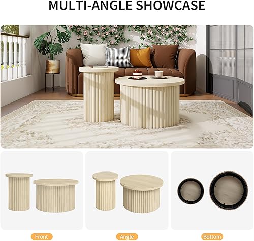 Miniatura 8 de Juego de 2 mesas auxiliares redondas de roble y mesa auxiliar, moderna de mediados de siglo, mesa central circular de madera para sala de estar,