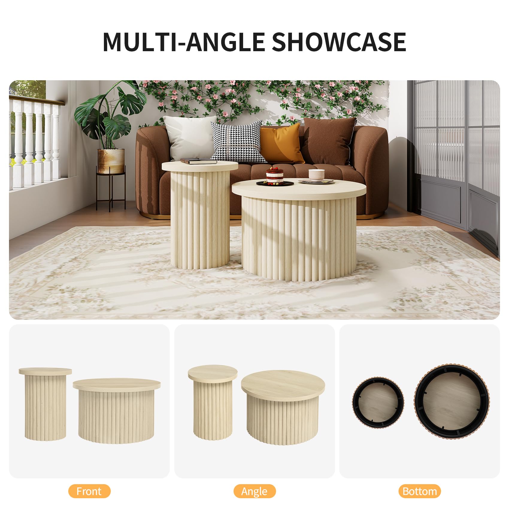 Modernes 2er Set runder Couchtische mit Wellenförmigem Design und Holzmaserung, Naturfarbe – Stilvolle Beistelltische für Wohnzimmer, Schlafzimmer, Arbeitszimmer, Balkon