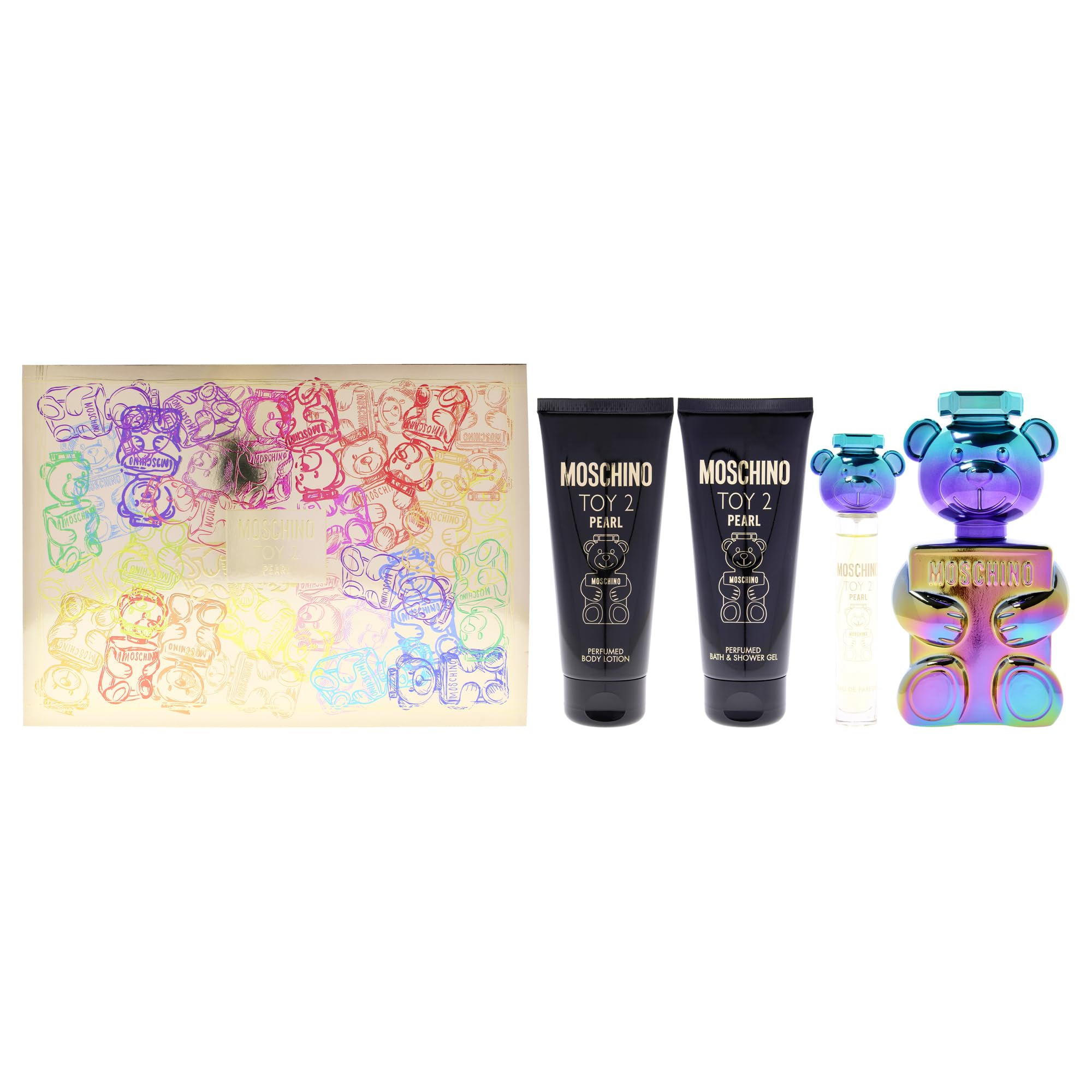 Moschino Toy 2 Pearl by Moschino for Unisex - 4 Pc Gift Set 3.4oz EDP Spray, Body Lotion, Shower Gel,0.33oz EDP Spray (Mini)