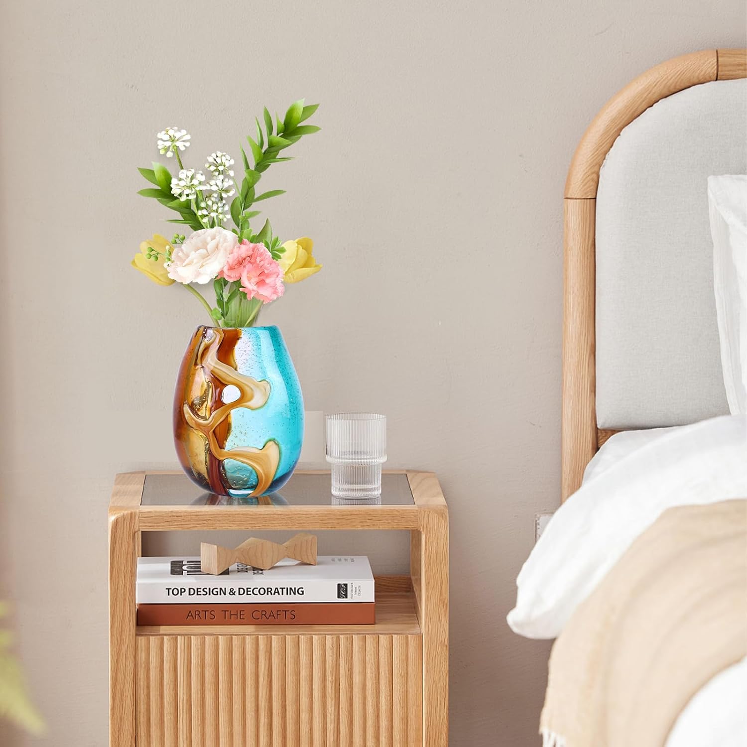 Pretty Hand Blown Glass Vase, Colored Glass Flower Vases Home Decor, Amber and Teal Decorative Murano vase for Living Room Office Bedroom Coastal Table Centerpieces Gift - Image 6