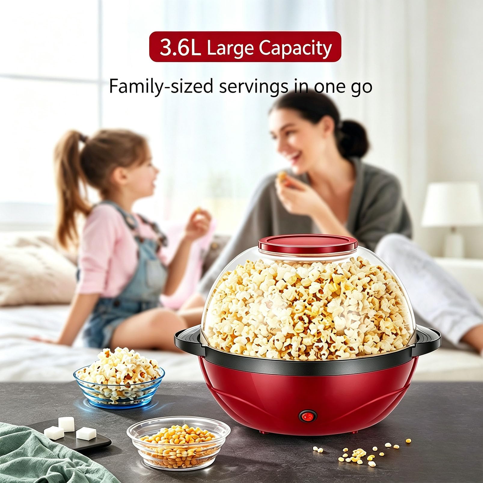 Elektryczna Maszyna Do Robienia Popcornu 850 W, 3,6 L Popcornu, | Powłoka Zapobiegająca Przywieraniu, Zdejmowana Pokrywa, Obsługująca Cukier, Olej I Masło, Urządzenie Do Robienia(red)