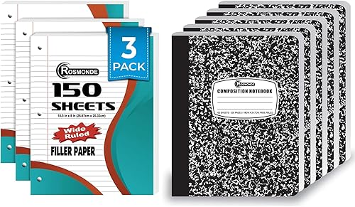 Miniatura 1 de Cuadernos de composición de rayas anchas, paquete de 5, 200 páginas (100 hojas), composición de mármol negro y carpeta de 3 anillas, hojas sueltas,
